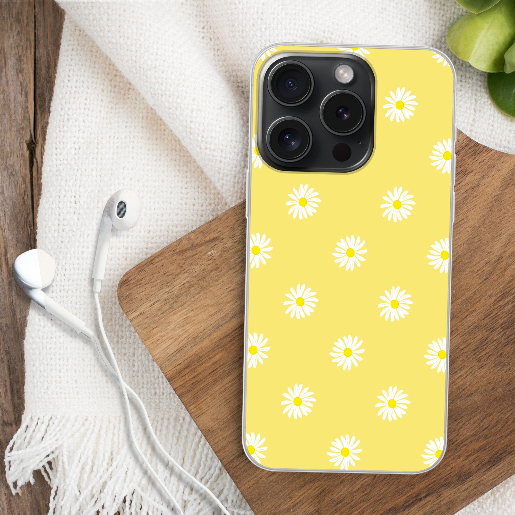MuchoWow Handyhülle für Apple iPhone 15 Pro Gänseblümchen - Pastell - Weiß - Gelb - Blumen, Smartphone-Bumper, Print, Handy Schutzhülle Dünn