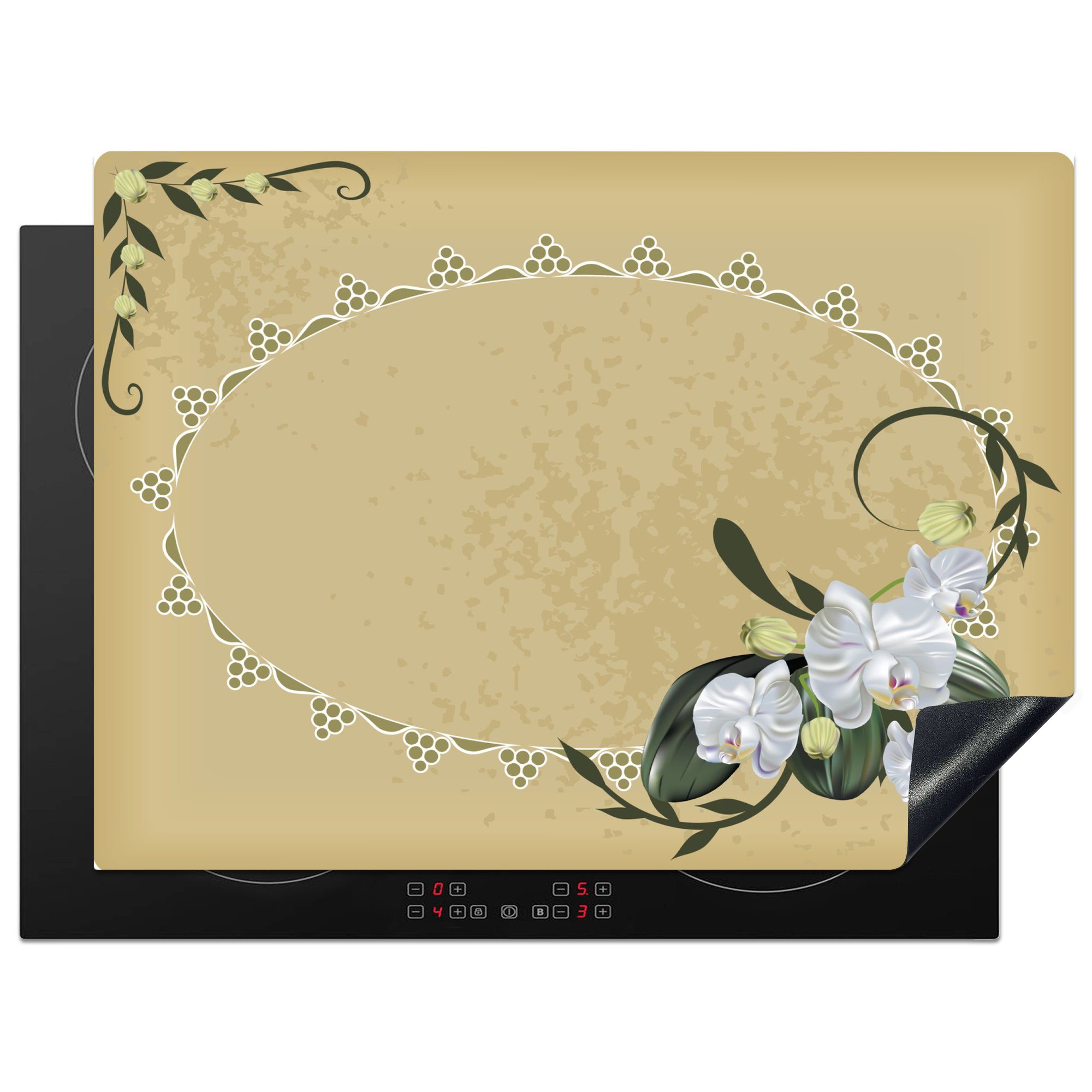 MuchoWow Herdblende-/Abdeckplatte Eine Illustration einer weißen Orchidee auf hellem Hintergrund, Vinyl, (1 tlg), 70x52 cm, Mobile Arbeitsfläche nutzbar, Ceranfeldabdeckung