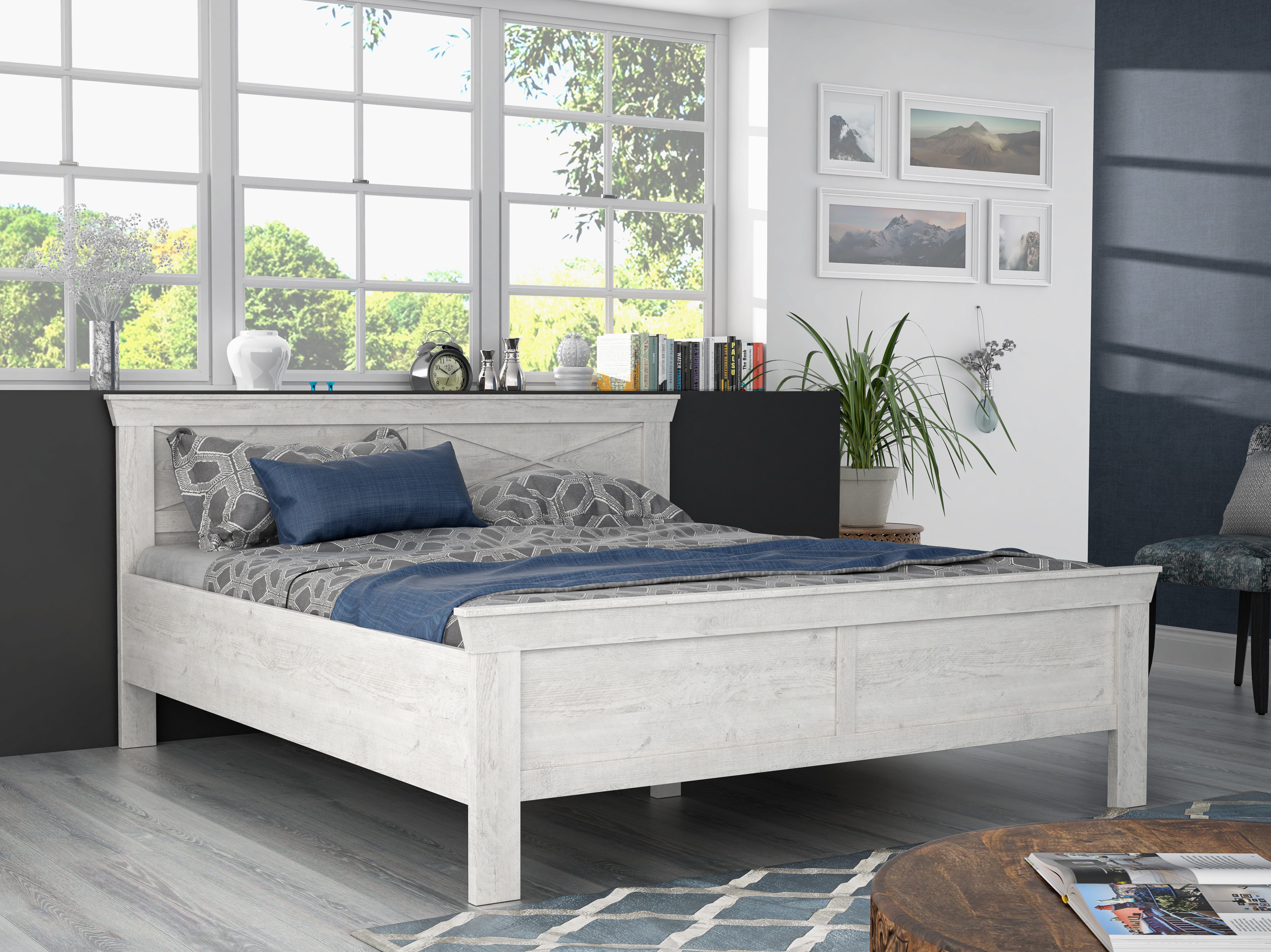 FORTE Bett KASHMIR, Belastbarkeit 250 KG, dekoratives Kopfteil (Liegefläche 180 x 200 cm, B x H x T: ca. 191 x 99x 210 cm), Bett im Landhaustil, pflegeleicht, Dekor Pinie Weiß