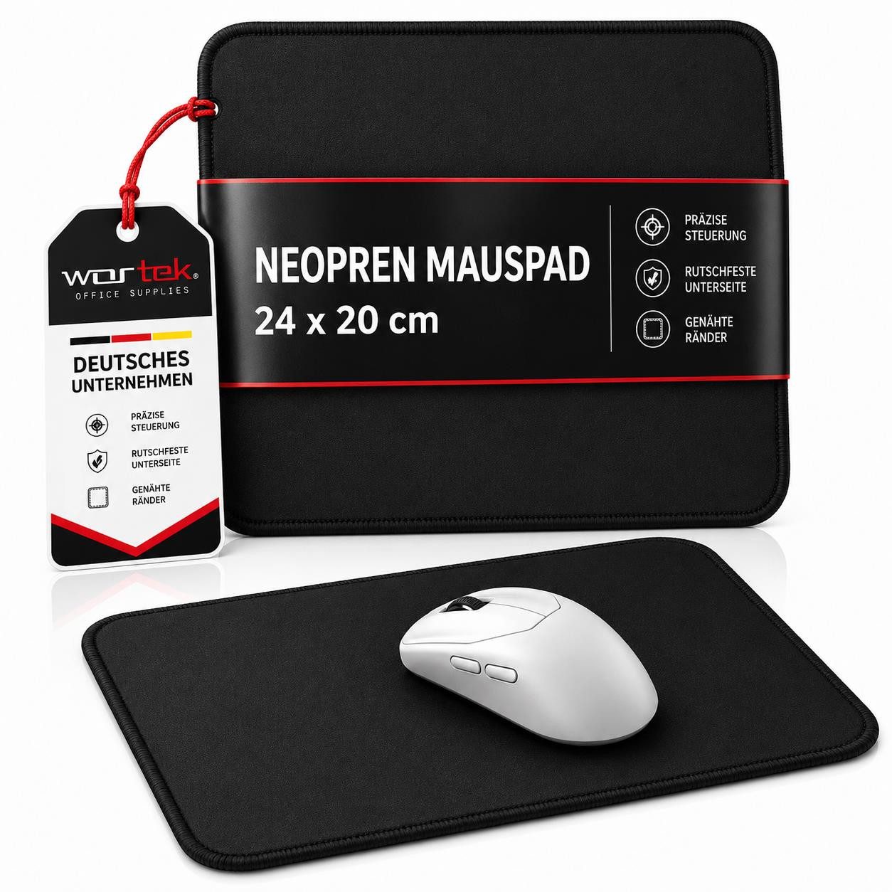 wortek Mauspad Gaming Mauspad in Neopren Schwarz, Gaming Mauspad in langlebigem Neopren