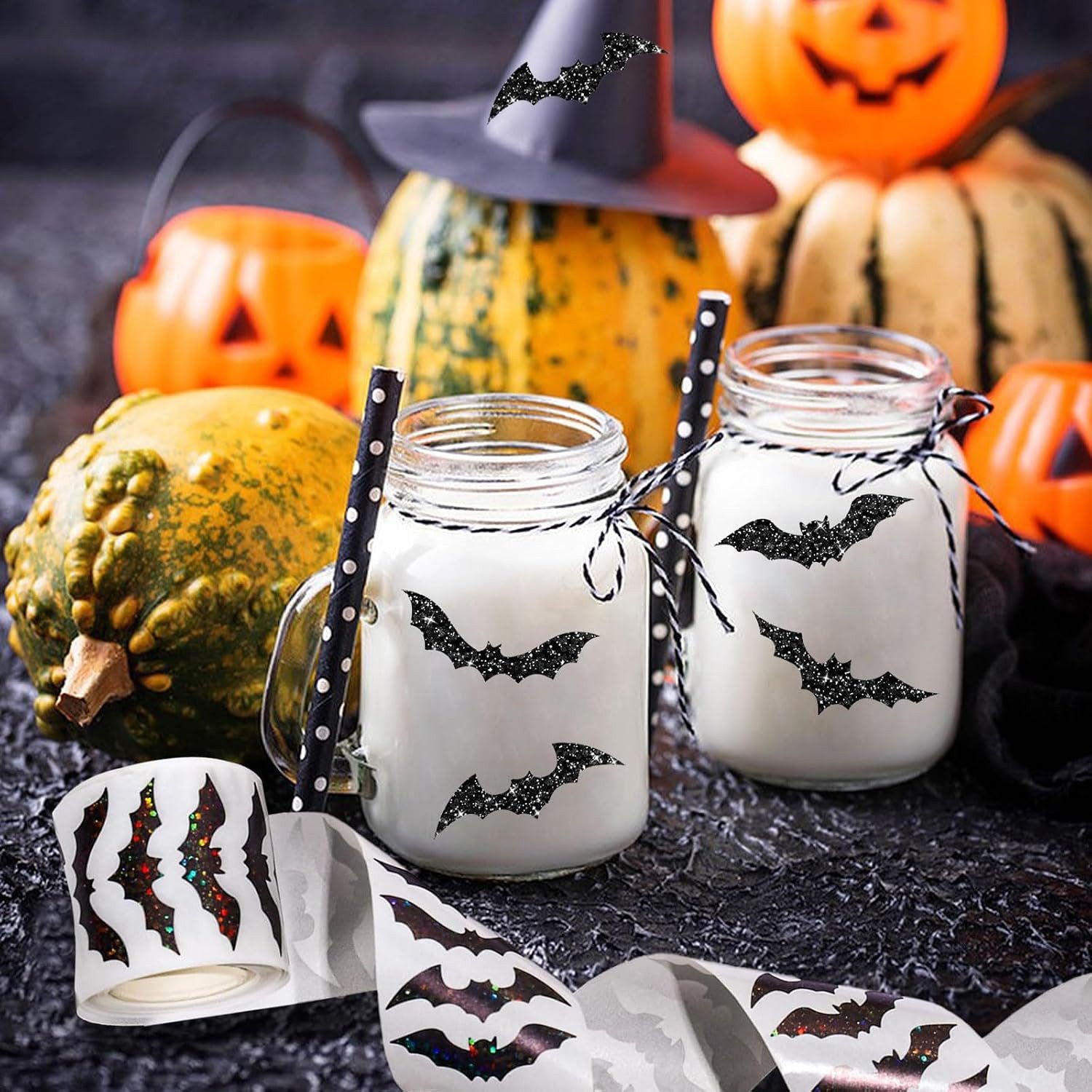 FOUORTUNATE-BEE Dekohänger 500 Halloween Glitzer-Aufkleber mit Fledermäusen für Kinder, Halloween Fledermaus-Sticker für Partys, Umschläge & Notizbücher – Bild 5 von 5