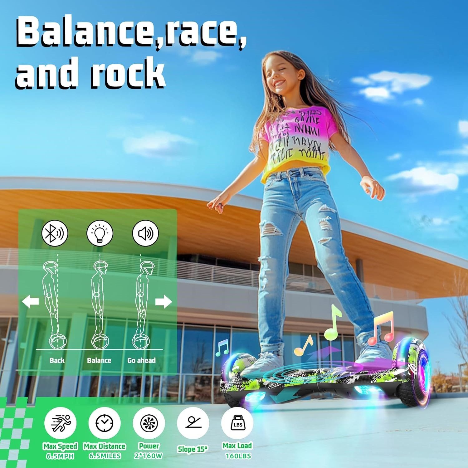 SISIGAD Balance Scooter Kart Set, 6,5'' Hoverboard mit kart,LED, Bluetooth, 8 km/h, 160W, Hoverboards mit Sitz, bis zu 7-8km,Geschenke für Kinder
