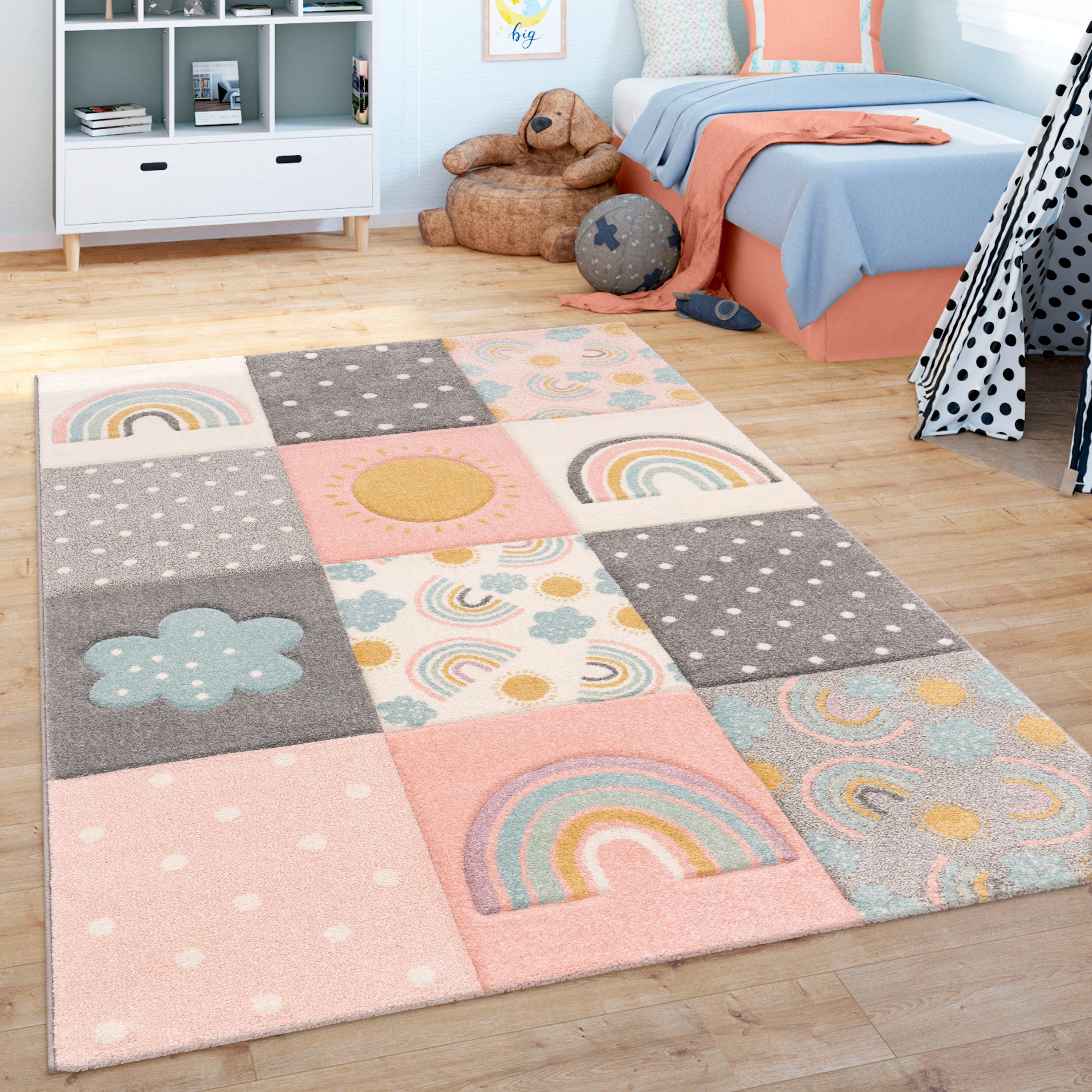 Kinderteppich Cosmo 962, Paco Punkte, Muster, Höhe: rund, Kinderzimmer Home, 12 Regenbogen Motiv Patchwork mm, 3D-Design, 