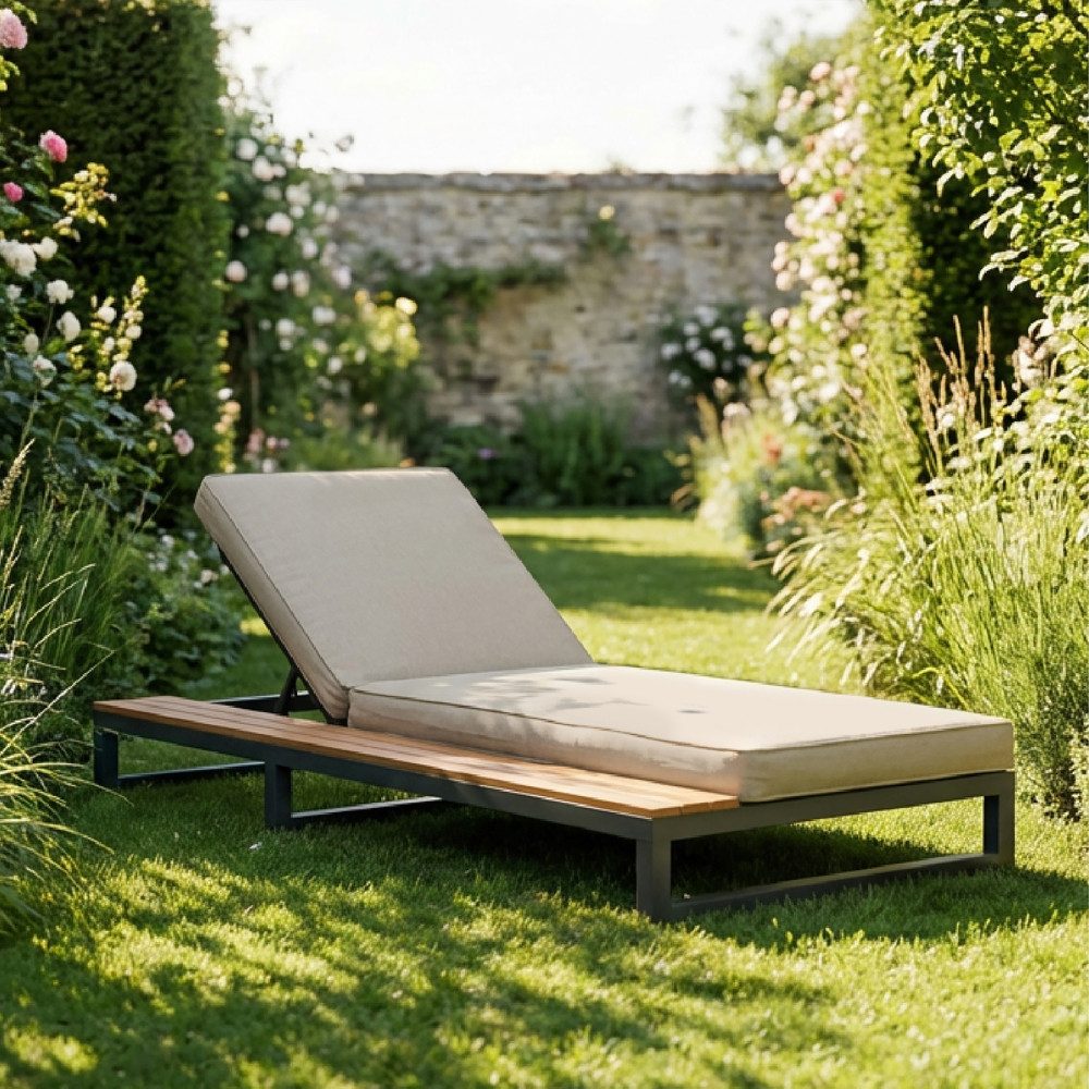 BBWL Gartenliege mit Regal und dickem Polster Sun Lounger Metallrahmen, Linke Seite, Outdoor Daybed Liege verstellbar für Terrasse Balkon