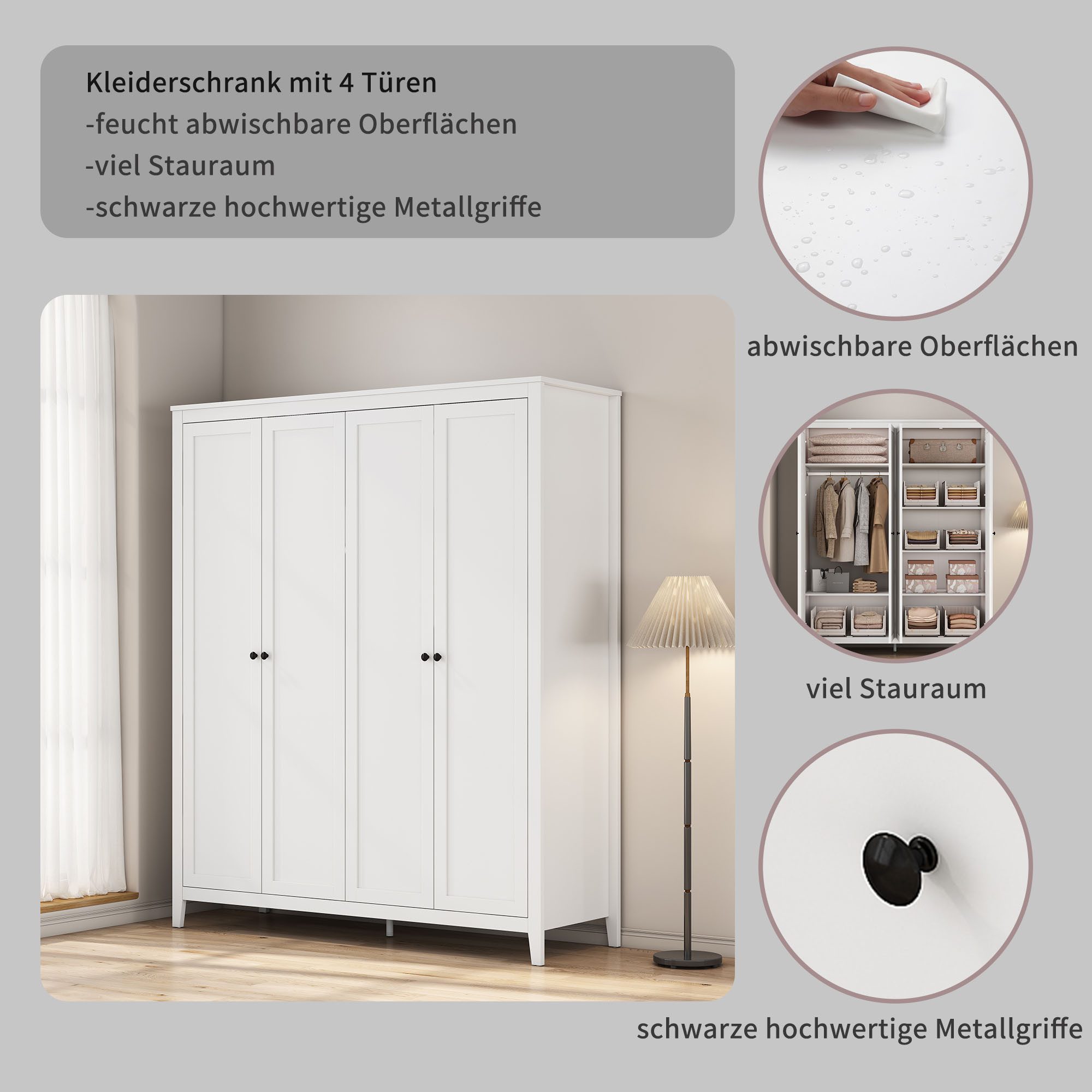 OTTO home Kleiderschrank Borkum Sideboard Anrichte mit 6 Schubladen Landhaus weiß (schwarze Griffe aus Metall) Schlafzimmerschrank mit 6 Böden und Kleiderstange, 4 Türen