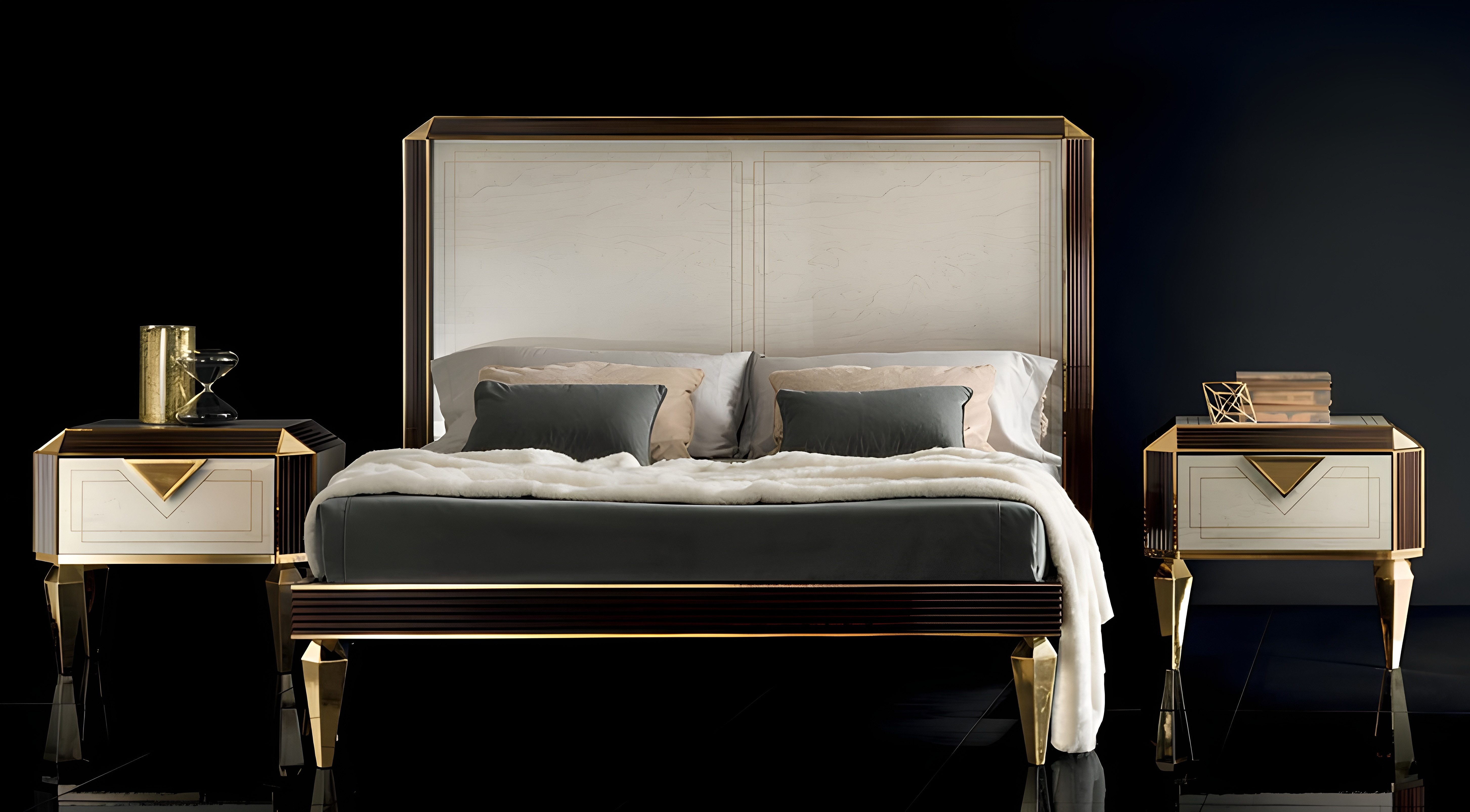 JVmoebel Bettgestell Luxuriöses Schlafzimmer-Set in Beige mit handgefertigten Nachttischen (1-tlg), Made in Europa