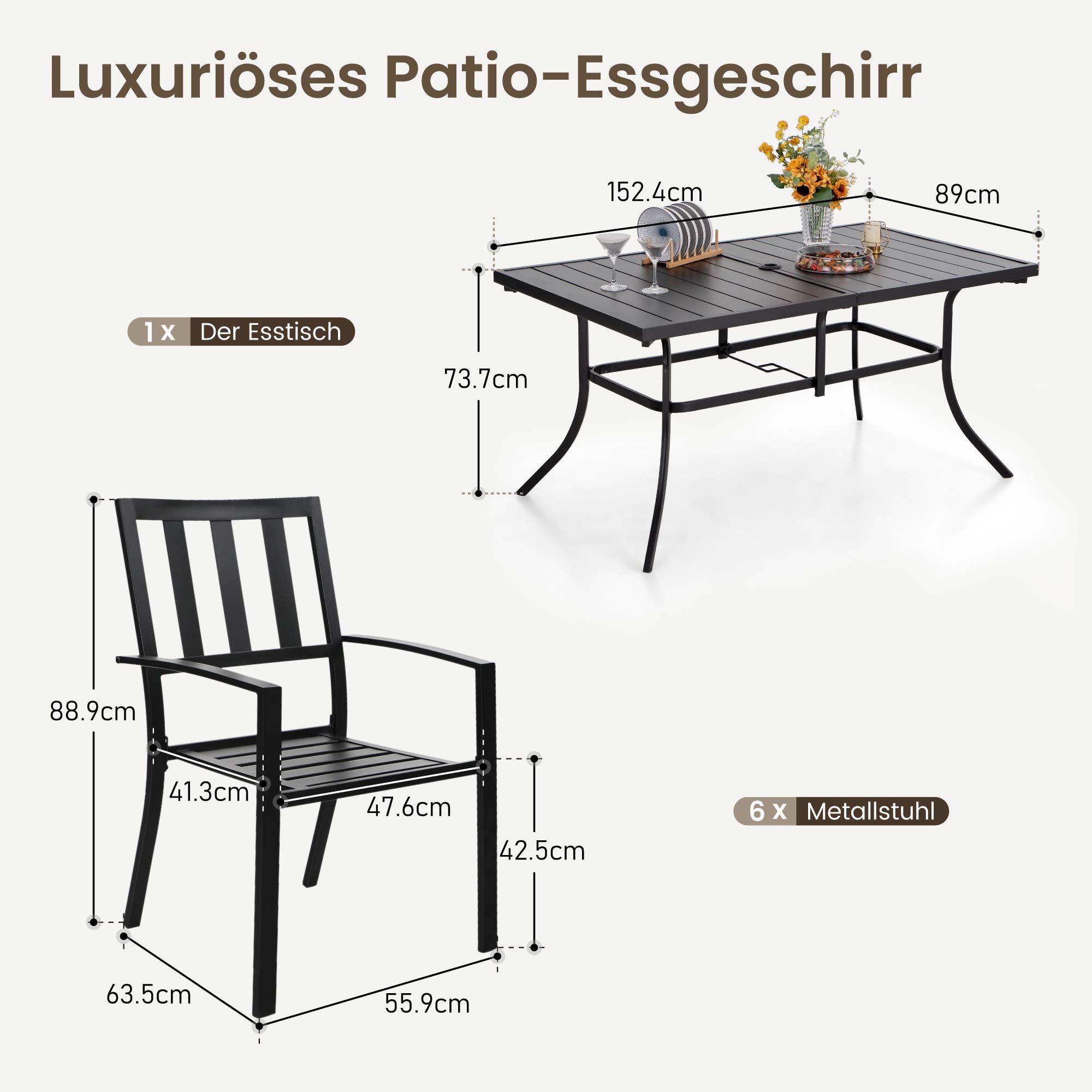 PHI VILLA Garten-Essgruppe, (Sparen für Terrasse Balkon, 4cm Schirmloch), 6 Stühle mit Tisch Rechteckig Garten Esstisch