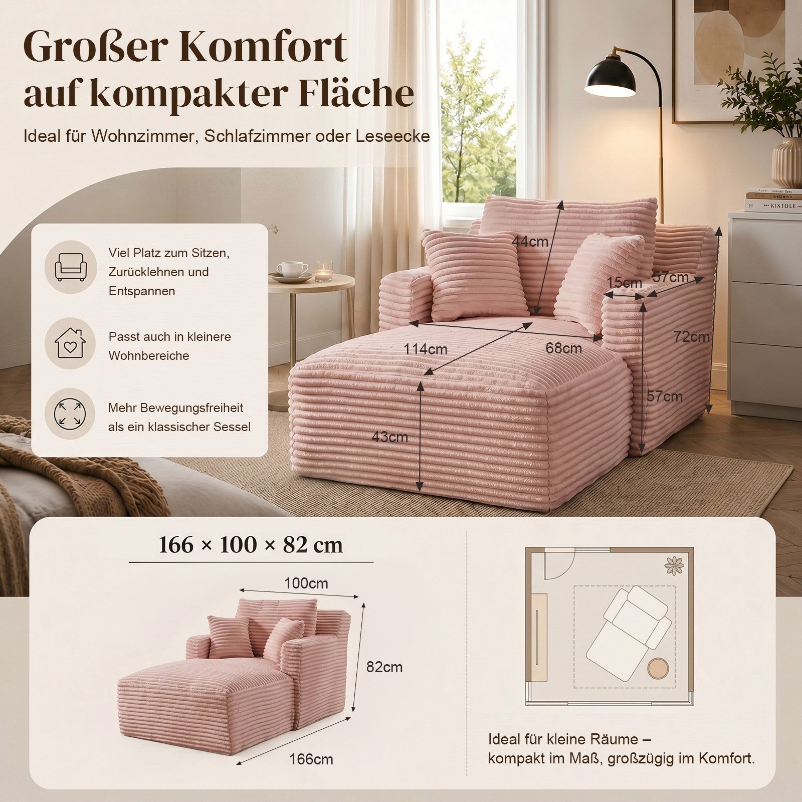 ANYSUN Loungesofa Modernes Chaiselongue-Sofa,Cord-Schlafsofa, 2 Kissen,Relaxsessel Cord, ohne Montage mit Taschenfederkern & Schaumstoffpolsterung,Loungesofa, Lesesessel bequem, fur Wohnzimmer, Büro & Wohnung,Apartment