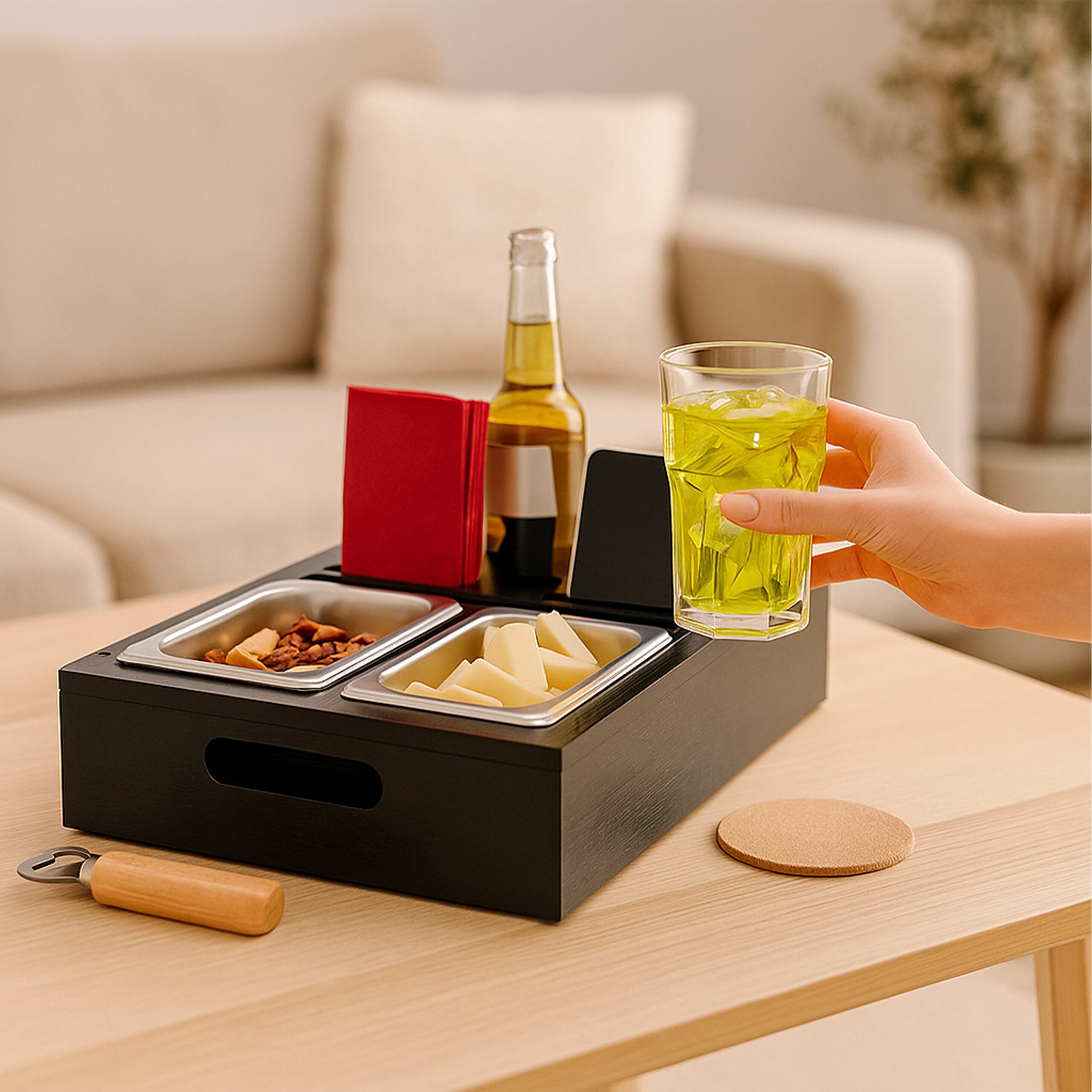 relaxdays Tabletttisch Couchbar mit Snackschalen, Schwarz günstig online kaufen