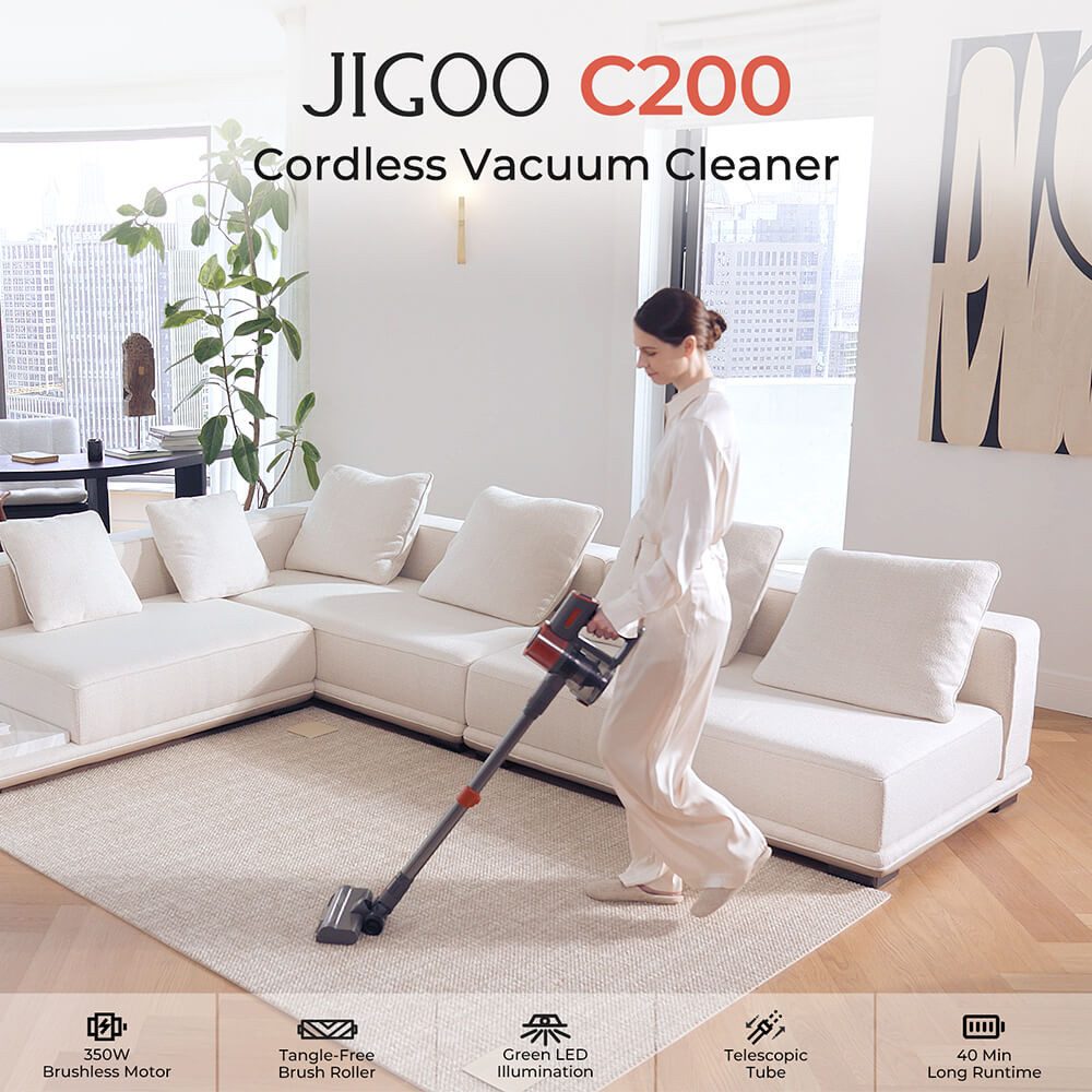Jigoo Akku-Bodenstaubsauger C200 Kabelloser Staubsauger, 23KPa Saugkraft, 40min Laufzeit, 350 W, 2 Arbeitsmodi, Teleskop-Metallrohr und LED-Scheinwerfer