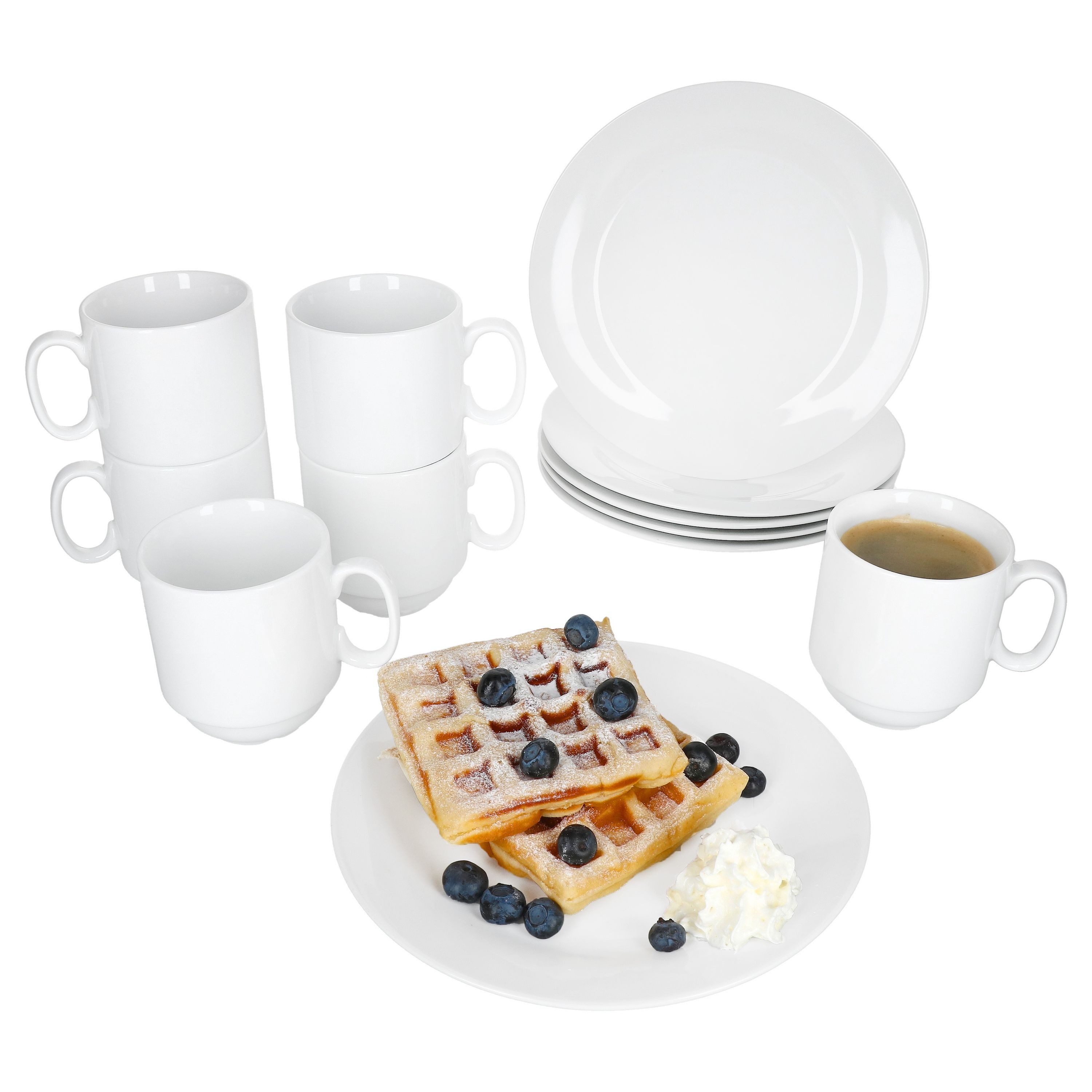 Frühstücks-Geschirrset 12tlg Frühstücksset Tommy weiß Porzellan 6 Personen Teller Becher
