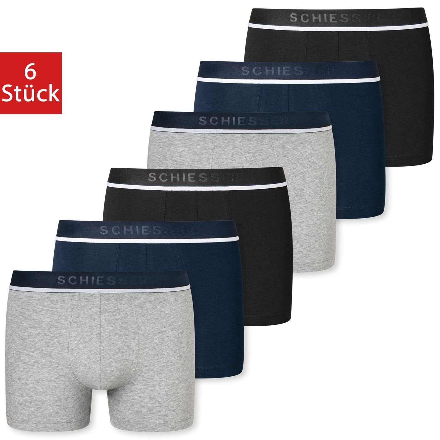 Boxershorts Schiesser Cotton 6er (6-St) mit / schwarz grau im / Pack Organic Webgummibund, navy melange