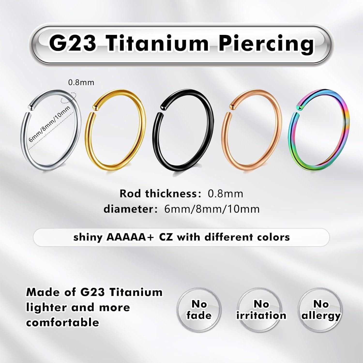 LuxusKollektion Nasenpiercing Nasenpiercing Titan Hoop Set 18G 20G 6MM/8MM/10MM Schwarz Gold Silber – Bild 2 von 5