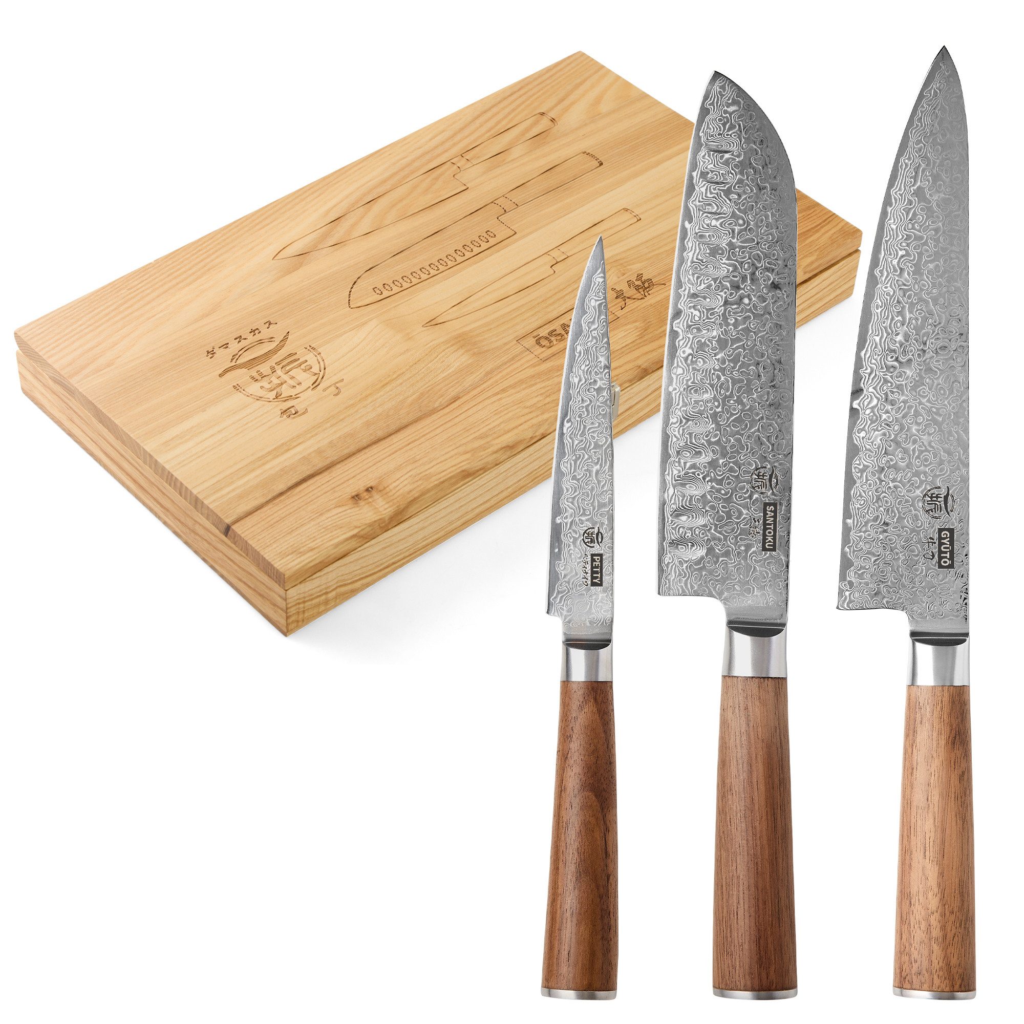 HITOFURI® Damastmesser HITOFURI® OSAKA SET 3tlg Damaskusmesser Universalmesser Premium Messer, inkl. einer edlen Holzbox, Messerscheide, Pflegetuch sowie Pflegeöl