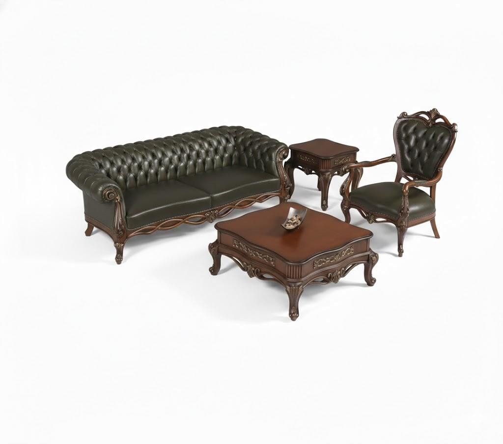 JVmoebel Chesterfield-Sofa Klassisches Chesterfield Wohnzimmer Exklusives Sofa Ledersessel Tisch, 4 Teile