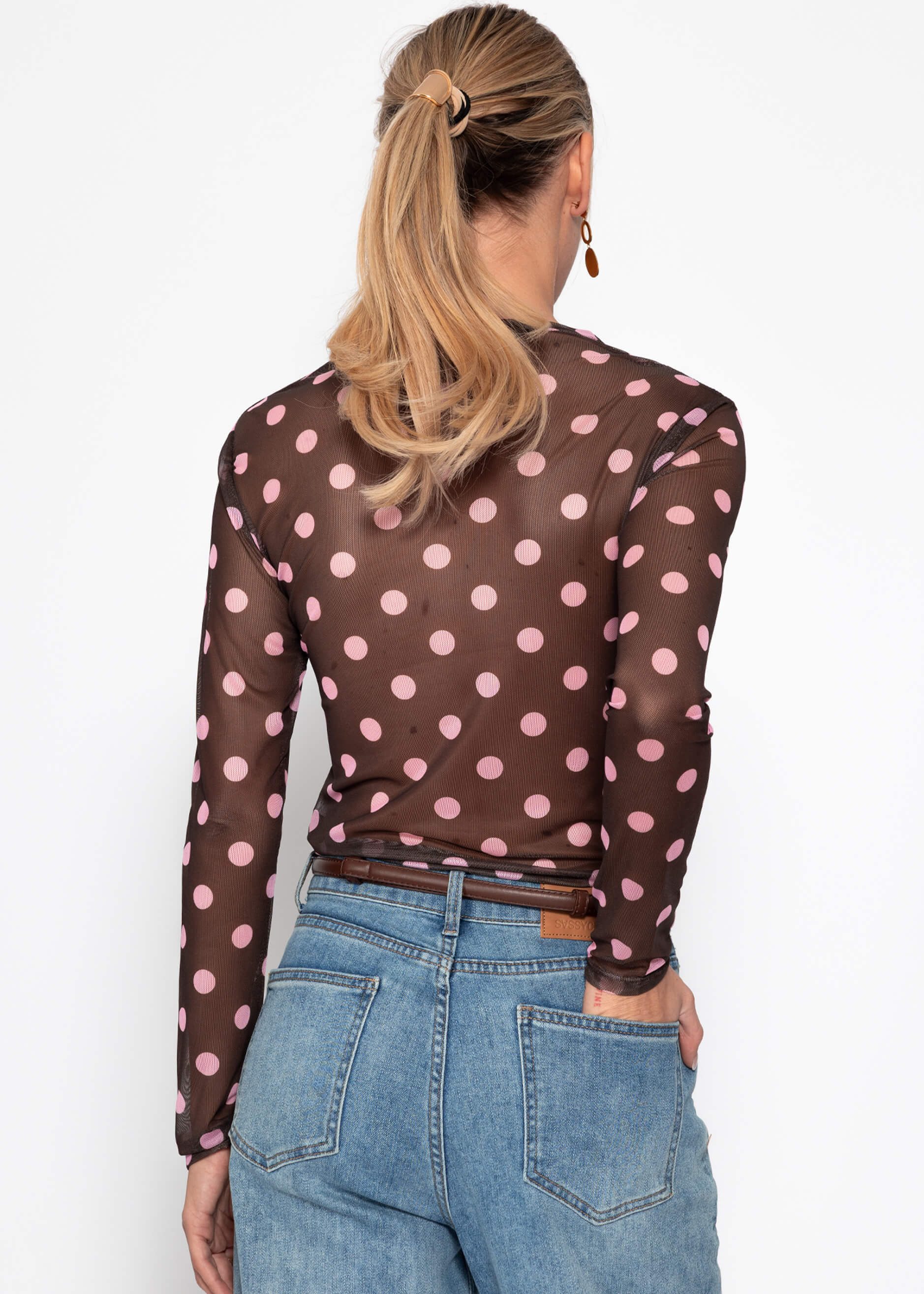 SASSYCLASSY Langarmshirt Mesh Langarmshirt mit Punkten für Damen Leichtes Shirt mit gefütterter Vorderseite und Rundhalsausschnitt – Bild 5 von 5