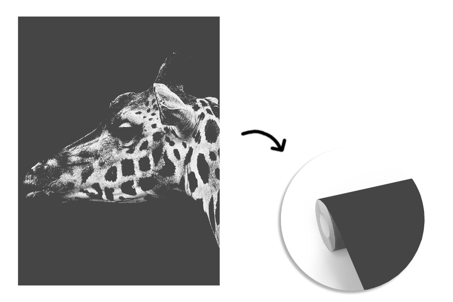 bedruckt, MuchoWow Tapete - Fototapete Wandtapete Giraffe Wohnzimmer, Schwarz - (4 Matt, Vinyl St), für Weiß, Montagefertig Tiere -