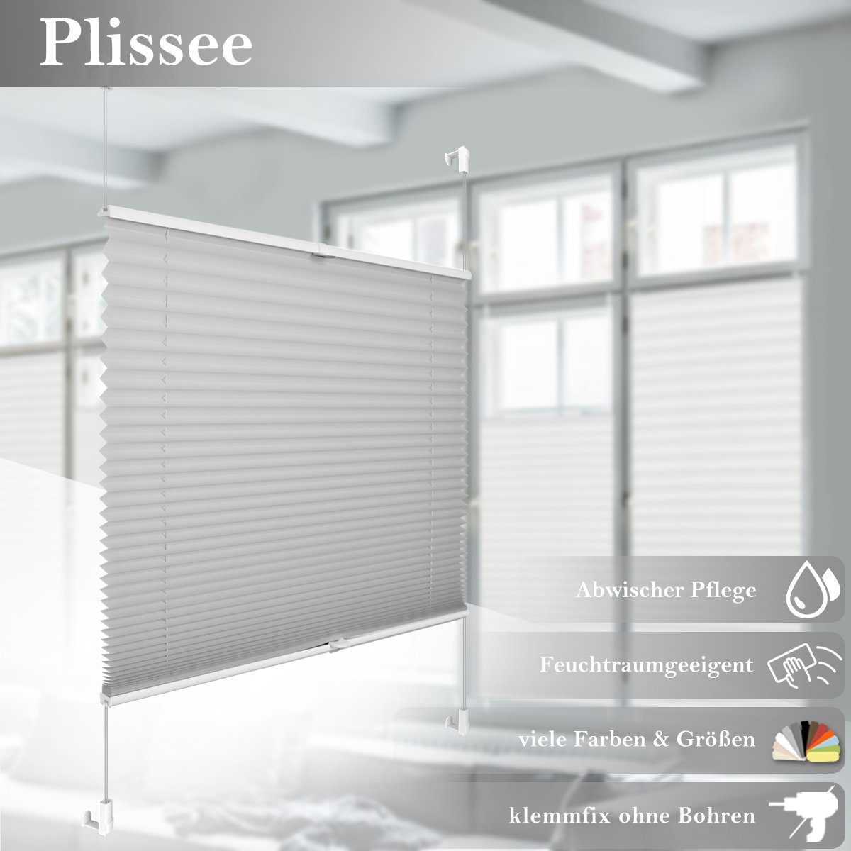 Plissee ohne Bohren Klemmfix, Sichtschutz und Sonnenschutz, OUBO, Lichtdurchlässig Rollo für Fenster & Tür, Klemmfix, mitgelieferten, verstellbaren Klemmträger Grau