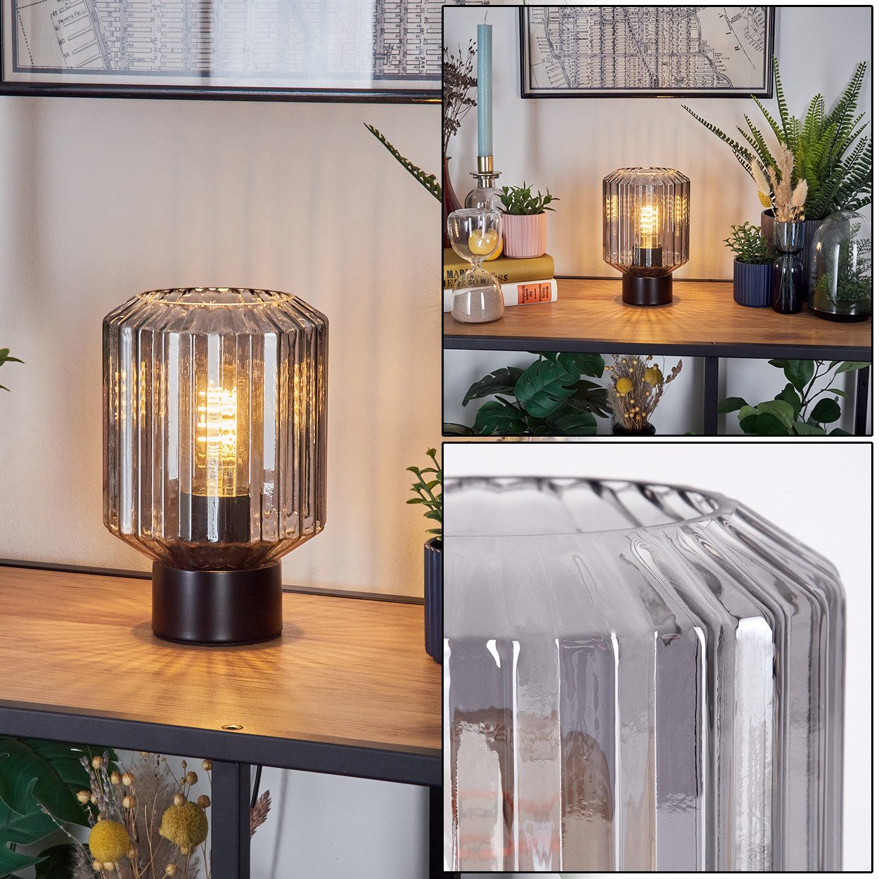 hofstein Tischleuchte Tischlampe aus Metall/Glas in Schwarz/Rauchfarben, ohne Leuchtmittel, mit Glasschirm (13 cm) u. An/-Auschalter, 1 x E27, ohne Leuchtmittel
