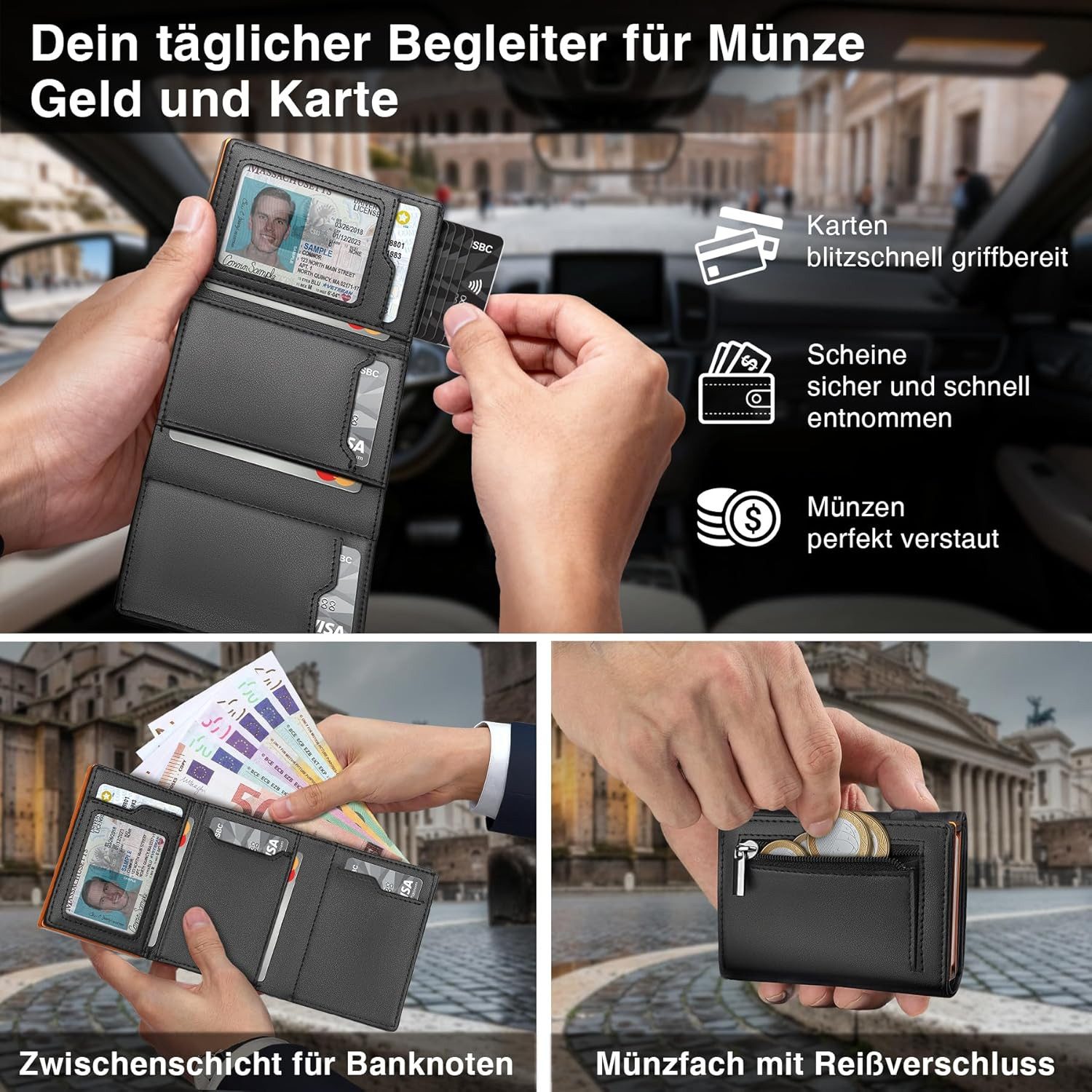 TEEHON Geldbörse Geldbeutel Herren - Portmonee Herren mit Münzfach (Slim Wallet mit RFID-Schutz, Kartenetui), für 11 Karten, 8 Scheine, 5 Münzen, ID-Fenster, Geschenkbox