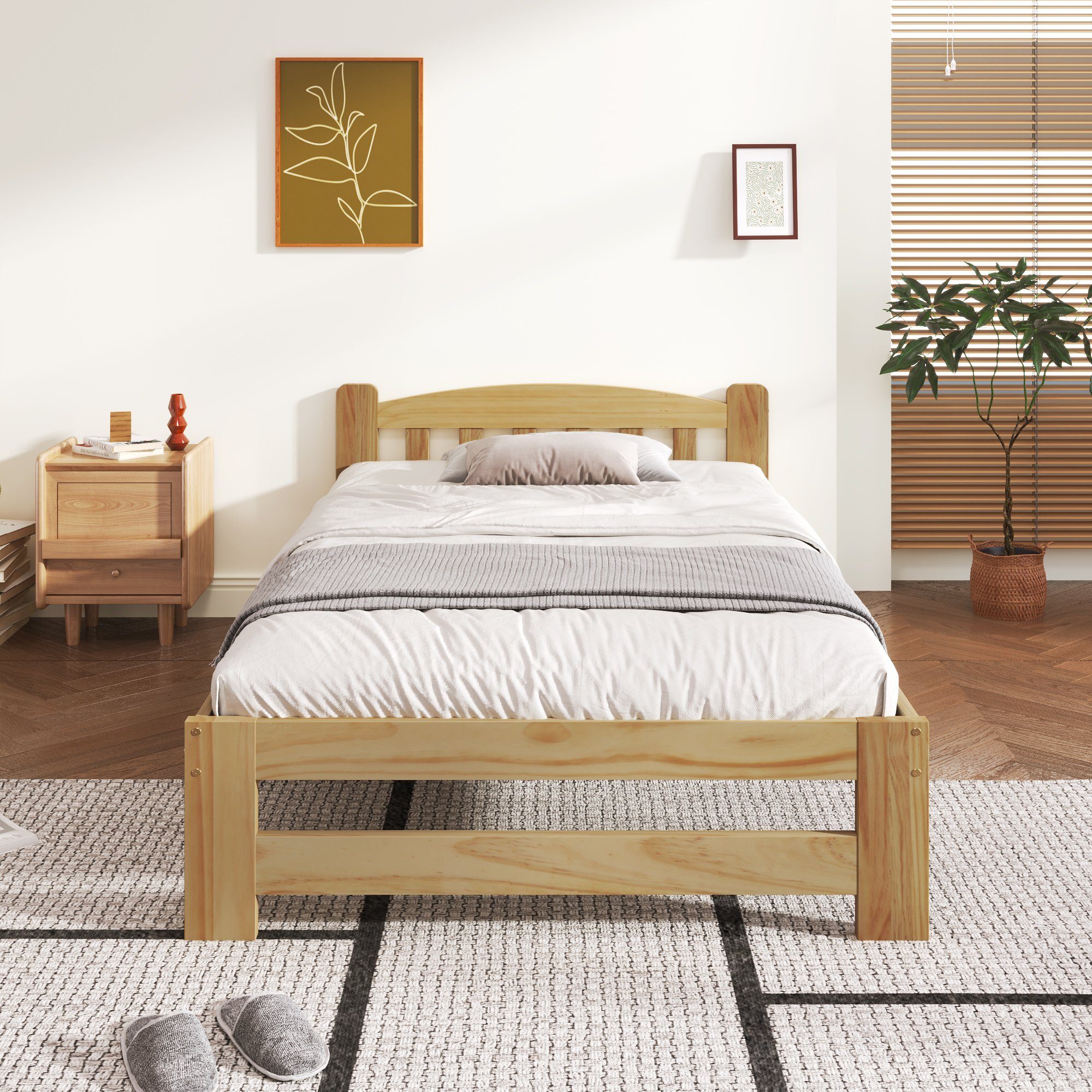 Massivholzbett (Futonbett), Einzelbett mit Kopfteil und Lattenrost, 90x200 cm