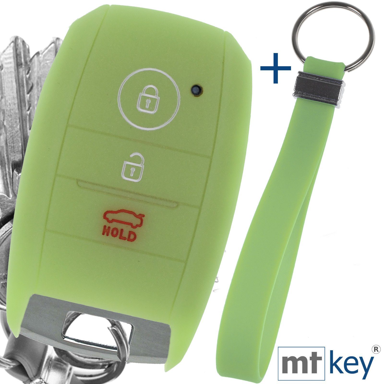 mt-key Schlüsseltasche Autoschlüssel Silikon Schutzhülle fluoreszierend Grün + Schlüsselband, für KIA Picantio Rio Ceed Soul Sportage Stonic 3 Tasten KEYLESS