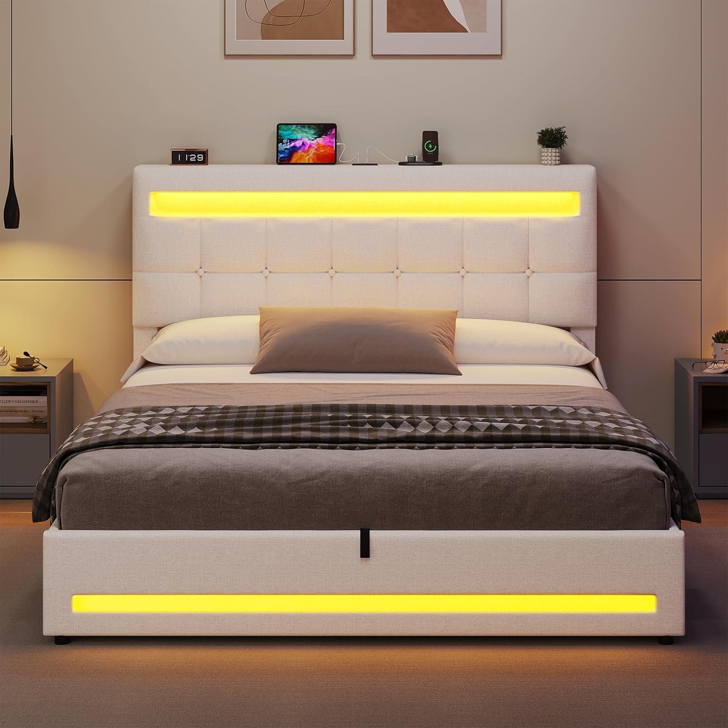 MSMASK Polsterbett Jugendbett mit LED Beleuchtung und Ladestation, Hydraulisches Bett (Ohne Matratze), mit Höhenverstellbares Kopfteil und Stauraum – Bild 4 von 5