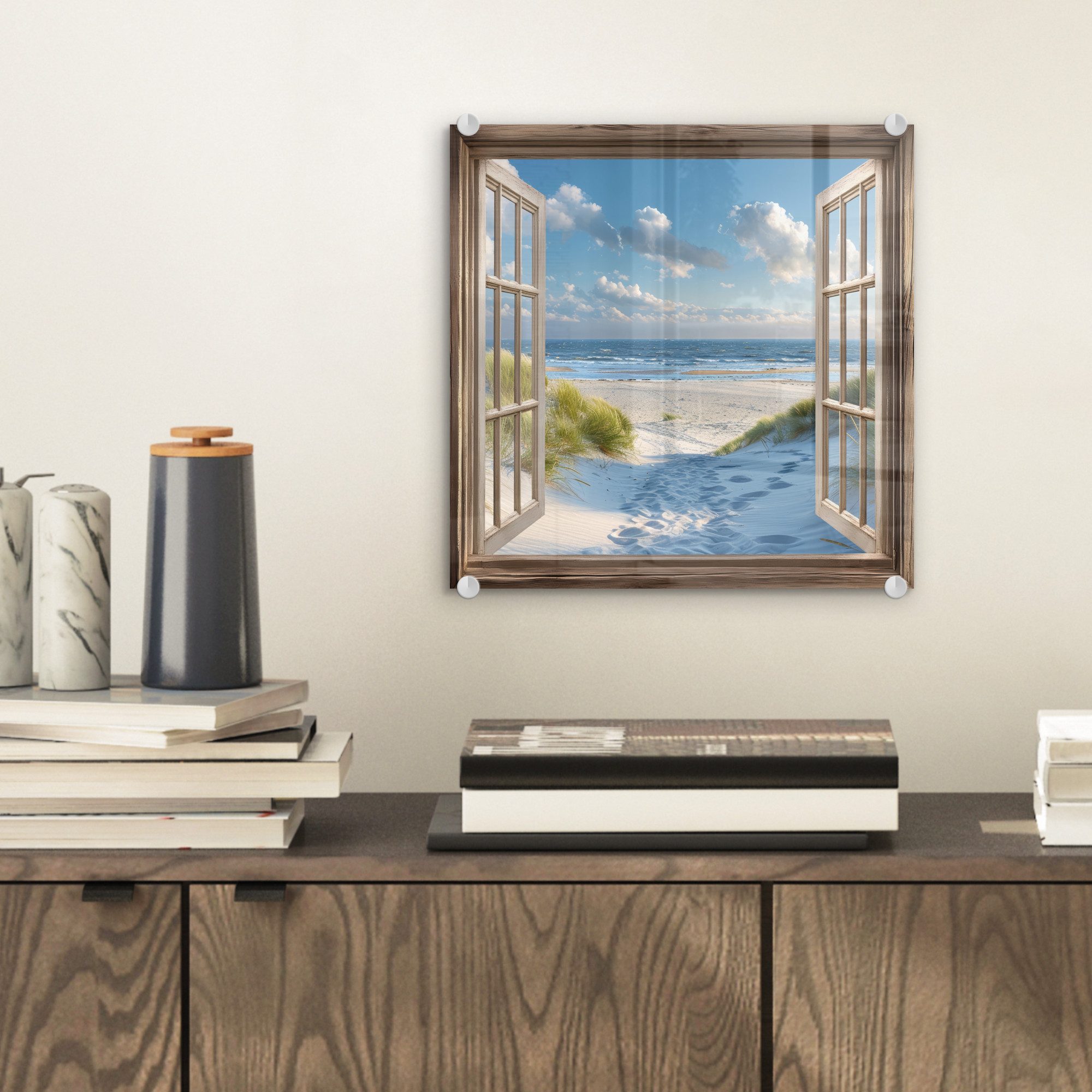 MuchoWow Acrylglasbild Aussicht - Strand - Fenster - Dünen - Meer, Inkl. Au günstig online kaufen