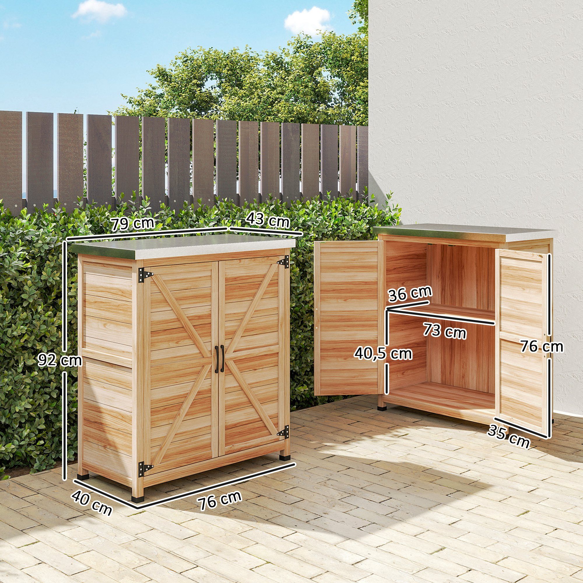Outsunny Garten-Geräteschrank mit verzinkter Arbeitsplatte, 2 Regalböden, Doppeltür, BxT: 79x43 cm, (Gartenschrank, 2 St., Pflanztisch mit Unterschrank), für Garten Balkon 79 x 43 x 92cm Naturholz