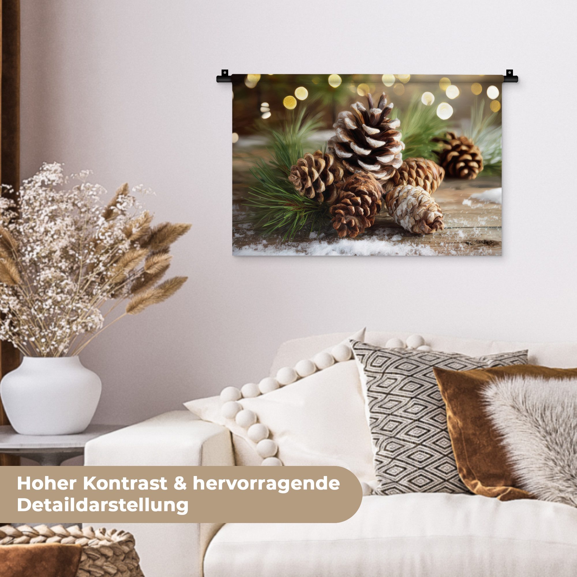MuchoWow Wandteppich Tannenzapfen - Weihnachtsstimmung - Braun - Grün, Rechteckig, Höhe: 3 mm, Wandteppich für Wohnzimmer, Schlafzimmer, 60x40 cm