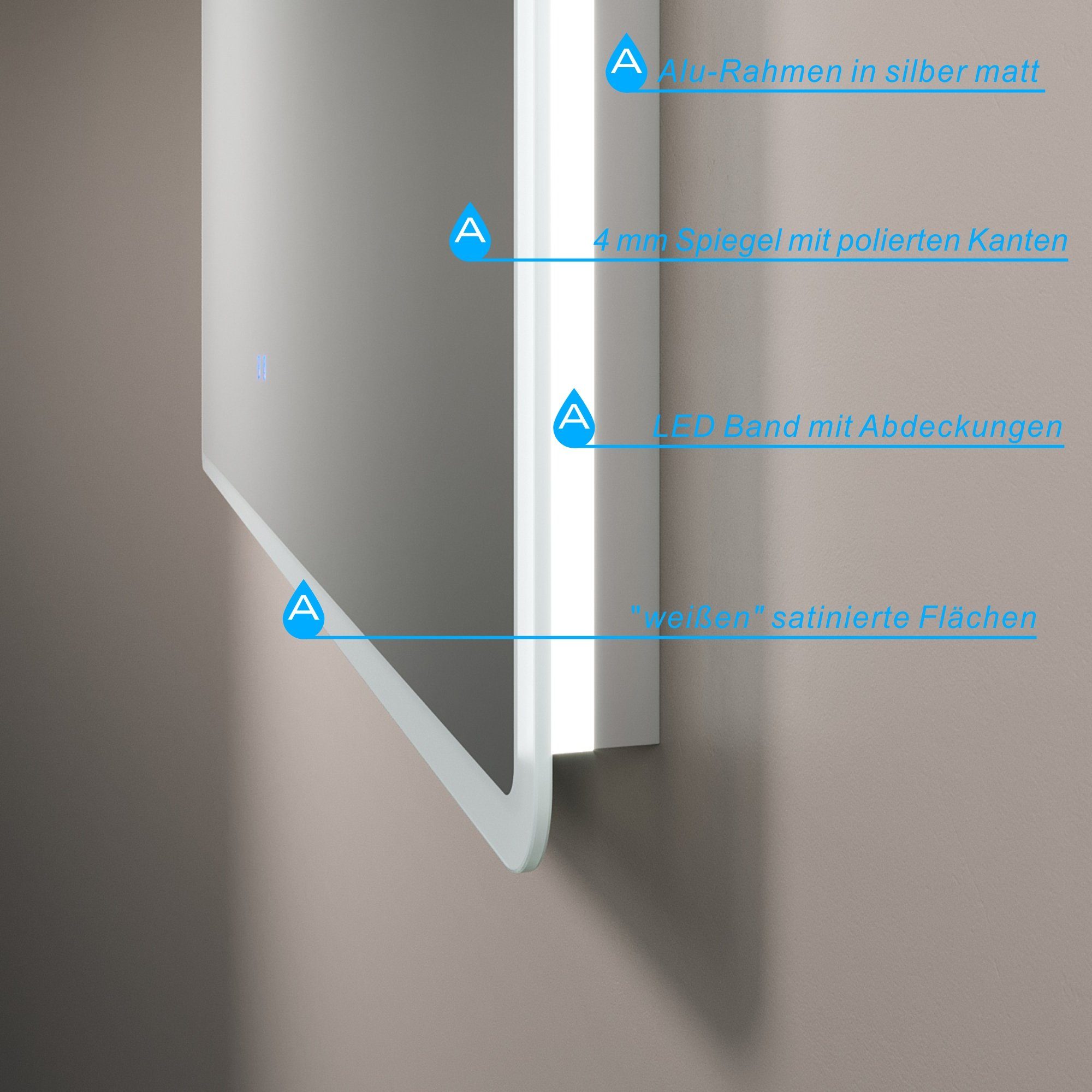 AQUABATOS Wandspiegel (Badezimmerspiegel Dimmbar, Spiegelheizung beleuchtet), Badspiegel mit Beleuchtung LED 6400K, Badspiegel Kaltweiß Touch Lichtspiegel Schalter,