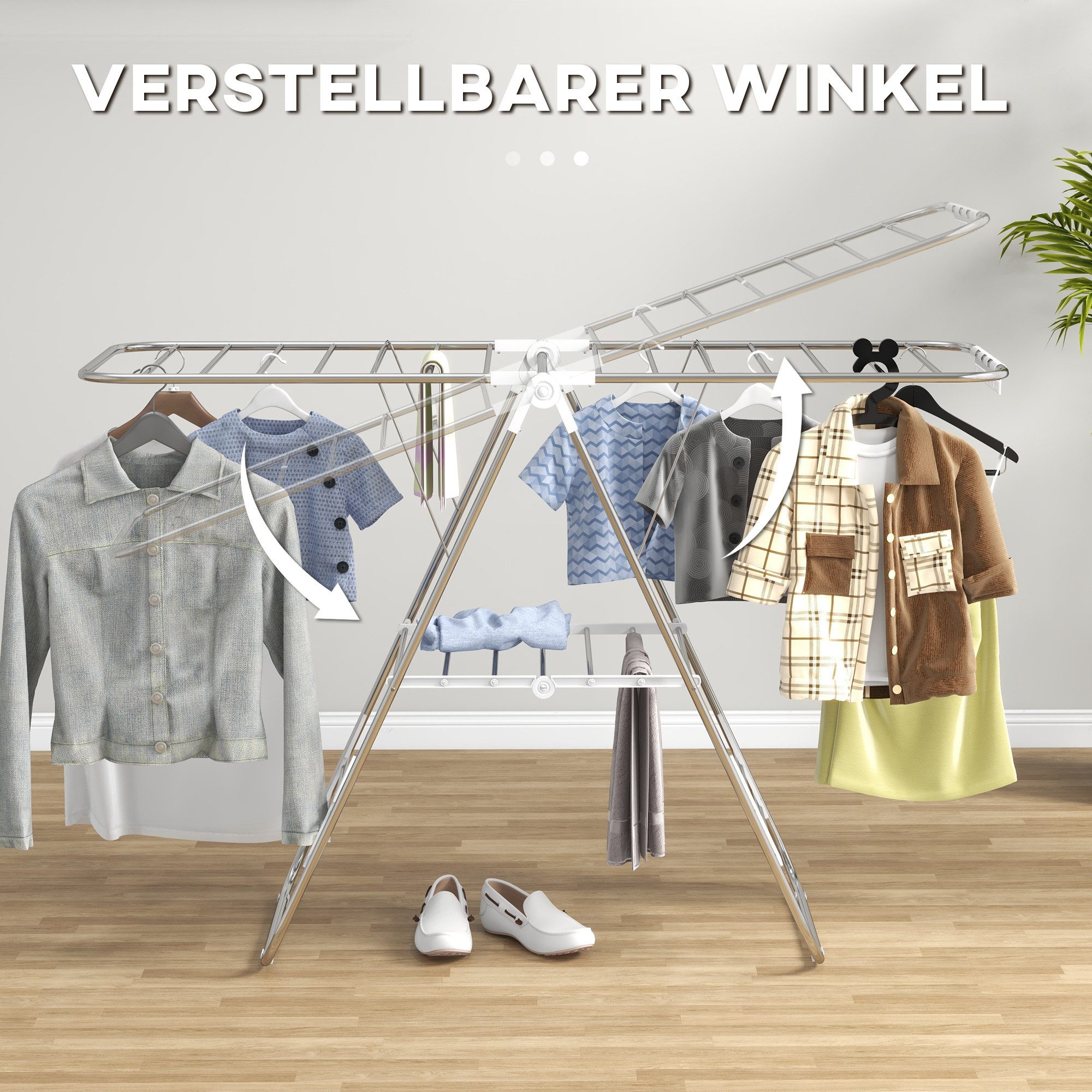 furnicato Wäscheständer 1,48 m Trockenlänge Silber+Weiß