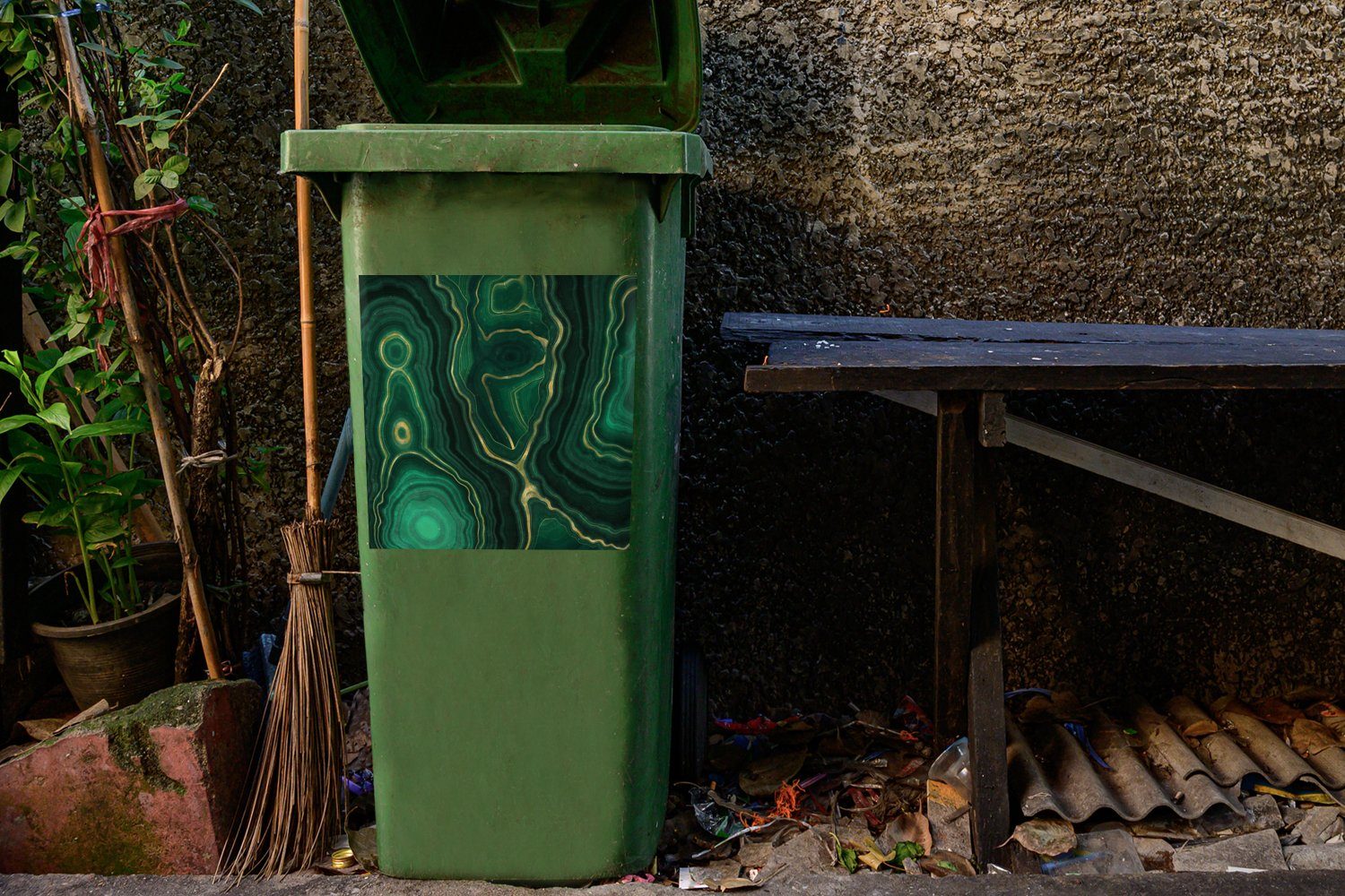 St), - - - Grün Container, Marmor Abfalbehälter - (1 Mülltonne, Geode Wandsticker Sticker, Achatstein MuchoWow Mülleimer-aufkleber, Gold