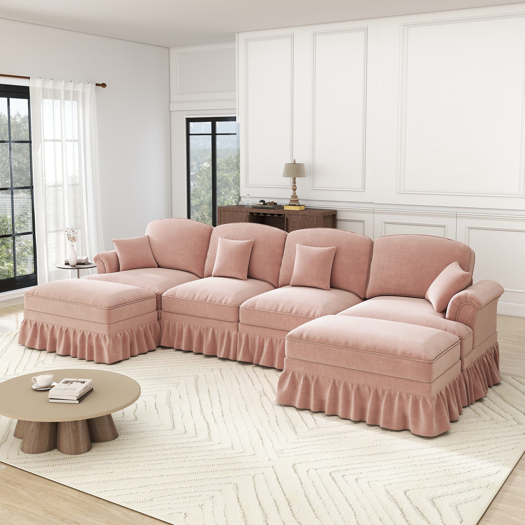 HAUSS SPOLE Loungesofa 4-Sitzer Zwei-Design Abnehmbarer Rüschenrock Wohnbereich Hocker Pink