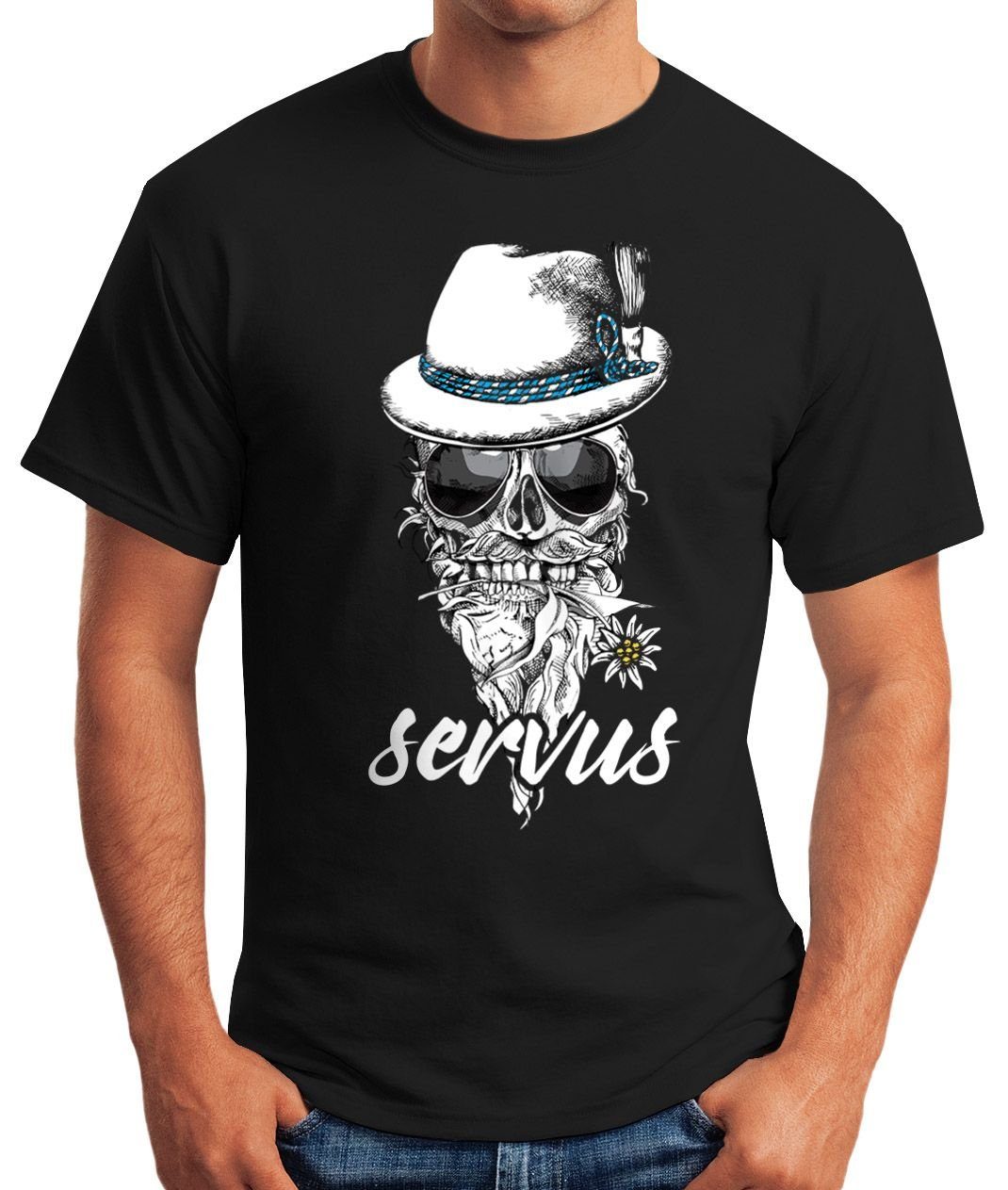 MoonWorks Print-Shirt Herren T-Shirt Totenkopf Filzhut Bayern Skull Blume s günstig online kaufen