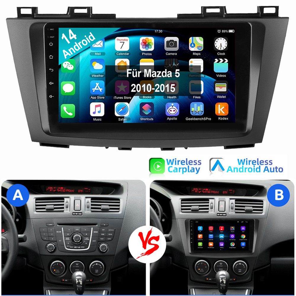 ESSGOO 9" Für Mazda 5 2010-2015 Android 14 Autoradio GPS Bluetooth WIFI Autoradio (Digitalradio (DAB), RDS, FM, AM, Apple Carplay Android Auto SWC EQ BT SWC)