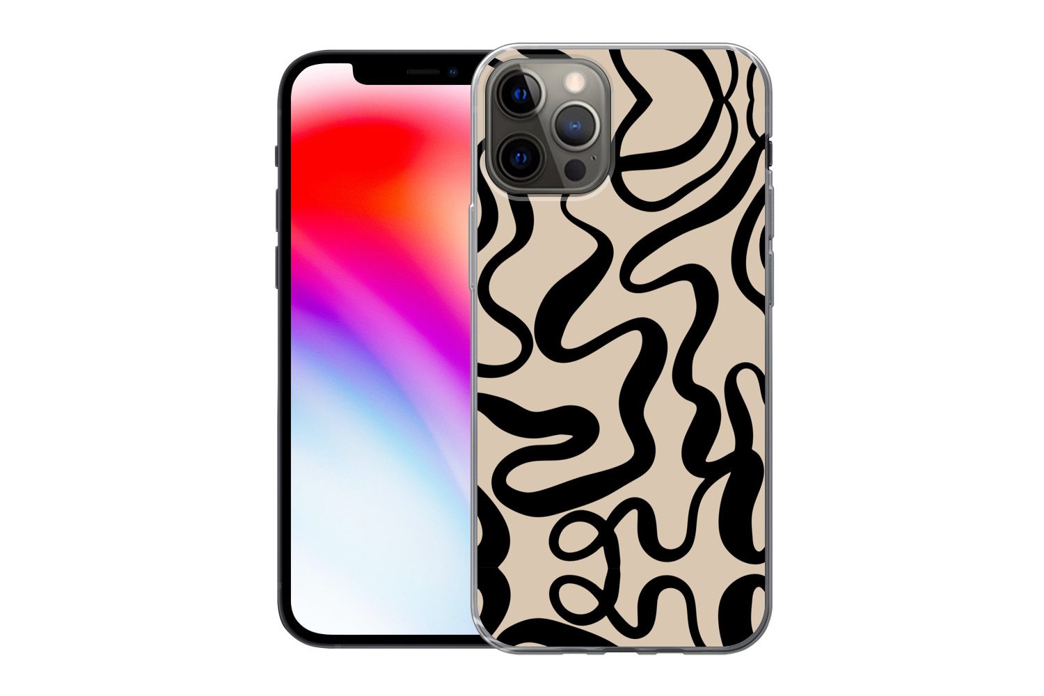 MuchoWow Handyhülle für Apple iPhone 13 Pro Linien - Schwarz - Beige - Abstrakt - Minimali, Smartphone-Bumper, Print, Handy Schutzhülle Dünn