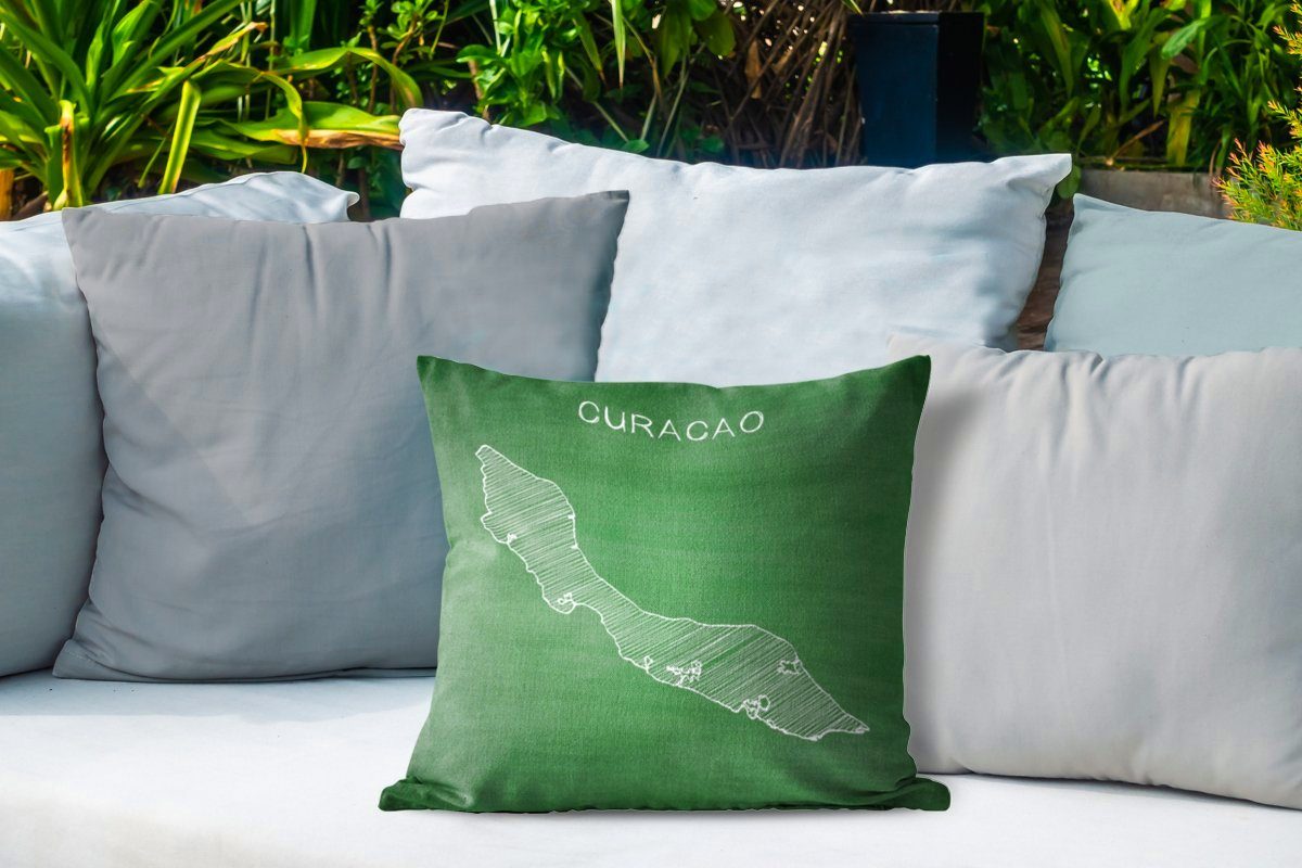 Outdoor Dekokissen Dekokissenbezug, von Illustration Dekokissen, Eine einer Kissenhülle, Kreidetafel, MuchoWow Curaçao auf grünen Kissenbezüge,