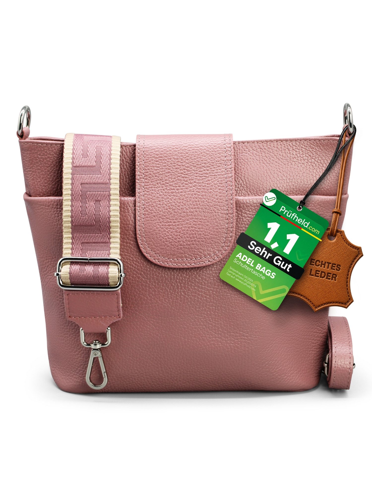 Adel Bags Schultertasche SARA Umhängetasche für Damen, Schultertasche aus Echtleder (Test SEHR GUT, Note 1.1), 20 Farboptionen, Hergestellt in Italien, mit 2 Riemen
