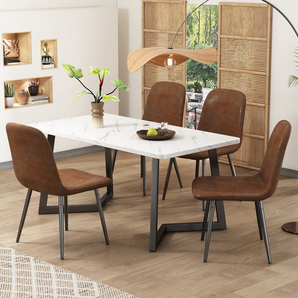 Celya Essgruppe Esstisch mit 4 Stühlen,Moderner Küchentisch Set, (Tisch mit  4 Stuhlen), Beine aus Metall,Schwarze Tischbeine,Braun Kunstleder