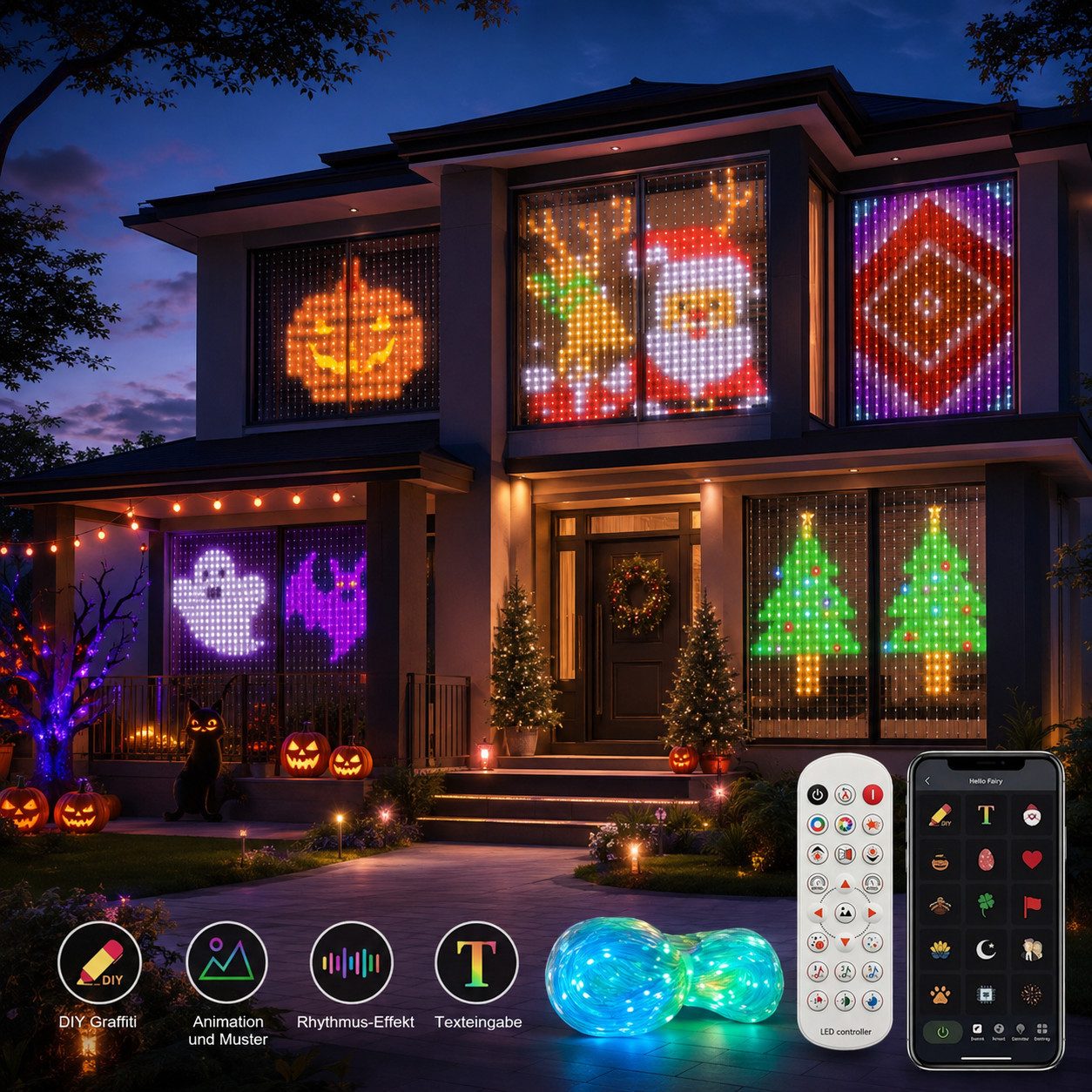 PRIISF LED-Lichtervorhang LED Vorhang RGB Smart Lichterkette Gardine Lichtervorhang Fadenvorhang, LED Vorhangschnur DIY Lichtmuster für Weihnachten Halloween Party Deko