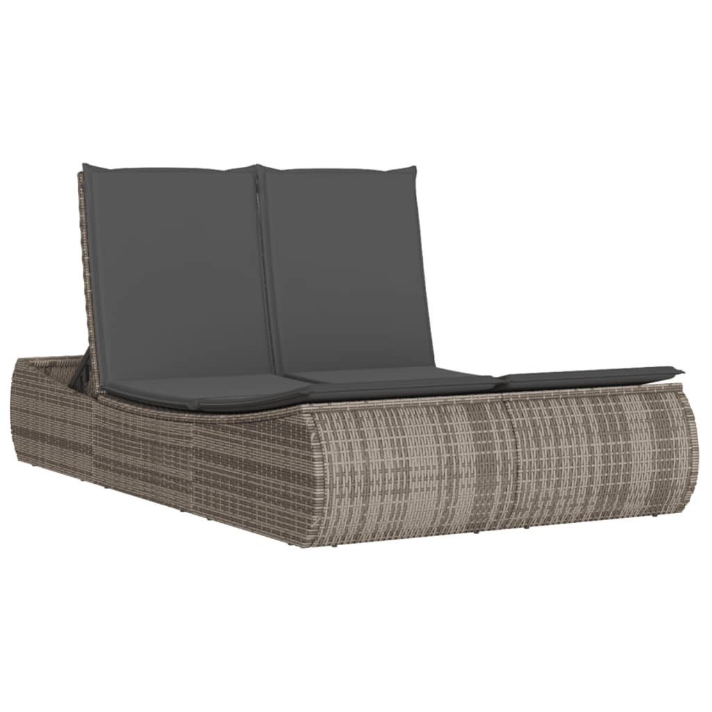 vidaXL Gartenliege Doppel-Sonnenliege mit Kissen Grau Poly Rattan, 1 St.