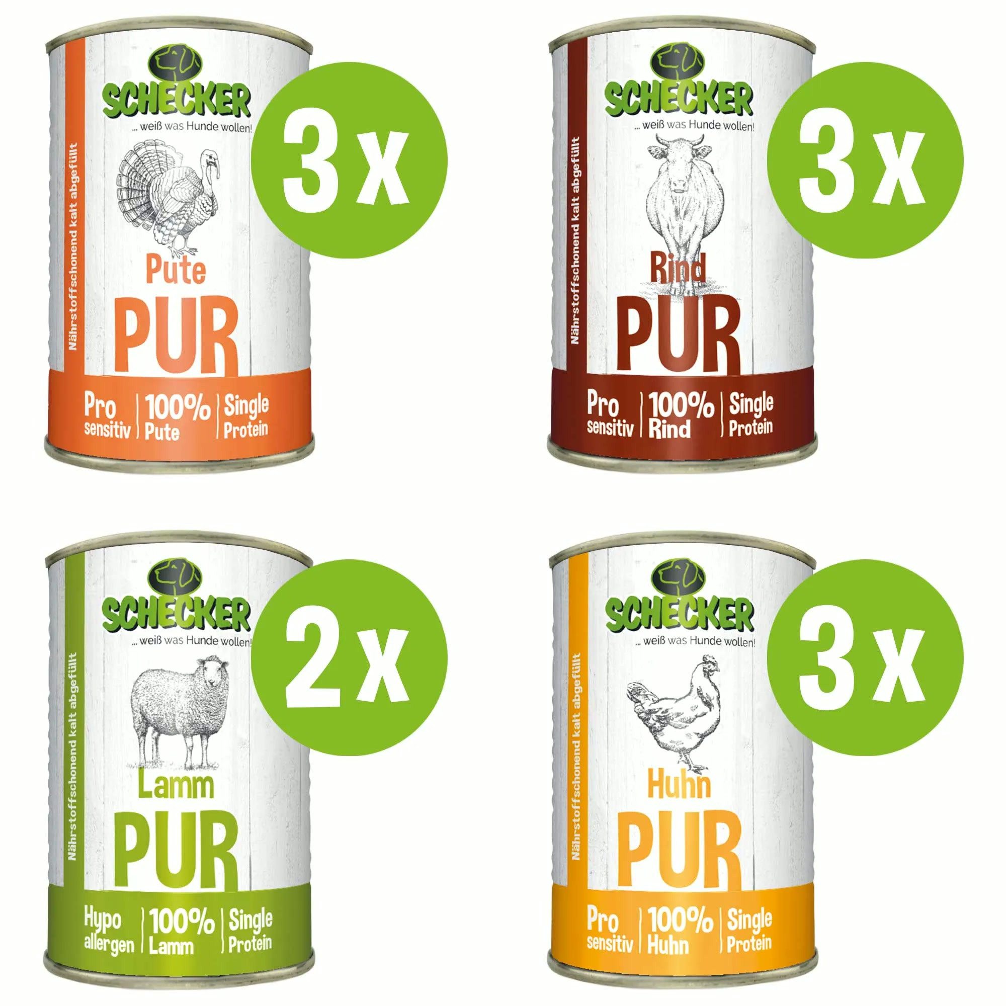 Schecker Schecker Nassfutter - Fleisch PUR 11er, 11 x 410g, Nassfutter für: Hunde, ohne Farbstoffe, ohne Konservierungsstoffe, ohne Geschmacksverstärker