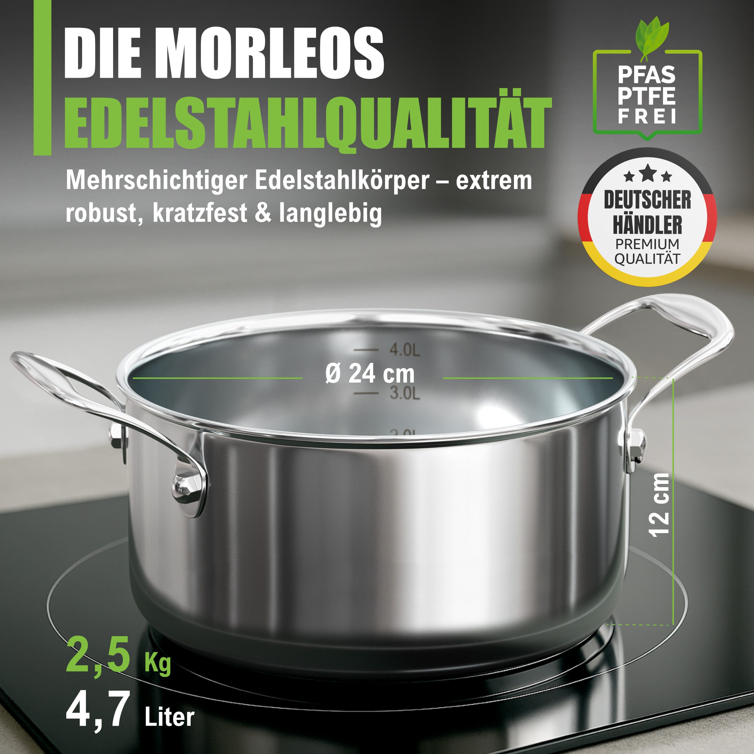 Morleos Kochtopf Ø 20 cm 3 Liter Edelstahl Suppentopf + flachem Glasdeckel, 18/10 Edelstahl (moderner flacher Glasdeckel mit Dampfloch, XSteel), Inkduktionsfähig bis 400 °C
