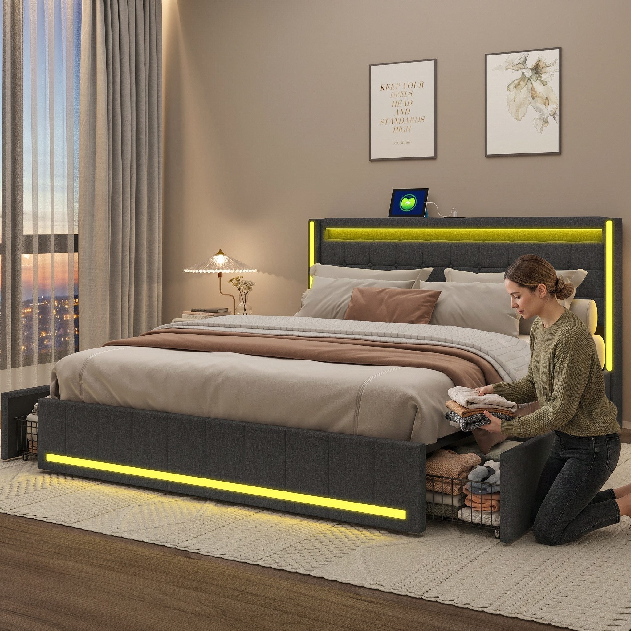 PXloue Polsterbett LED-Bett mit Stauraum und Ladeanschluss (Geeignet für Jugendliche und Erwachsene), Fernbedienung für LED-Farben und sicheres Leinenmaterial 180x200 cm