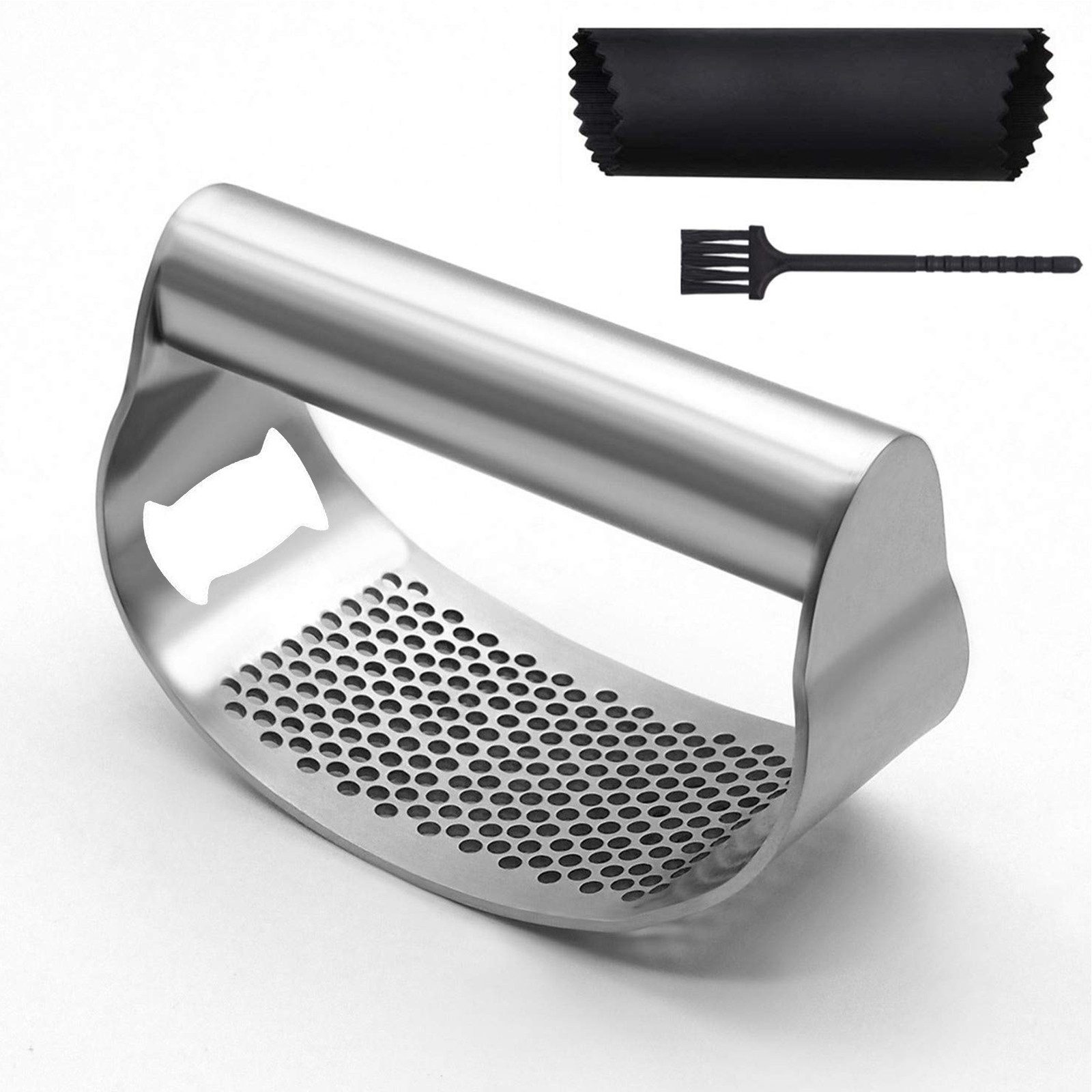 BlingBin Knoblauchpresse Wippe Edelstahl Knoblauchwippe Knoblauch Wiege Knoblauchschneider (1 St), Edelstahl + Silikon, Flaschenöffner Knoblauchmühle Küchenhilfe,Mit Silikon Knoblauchschäler