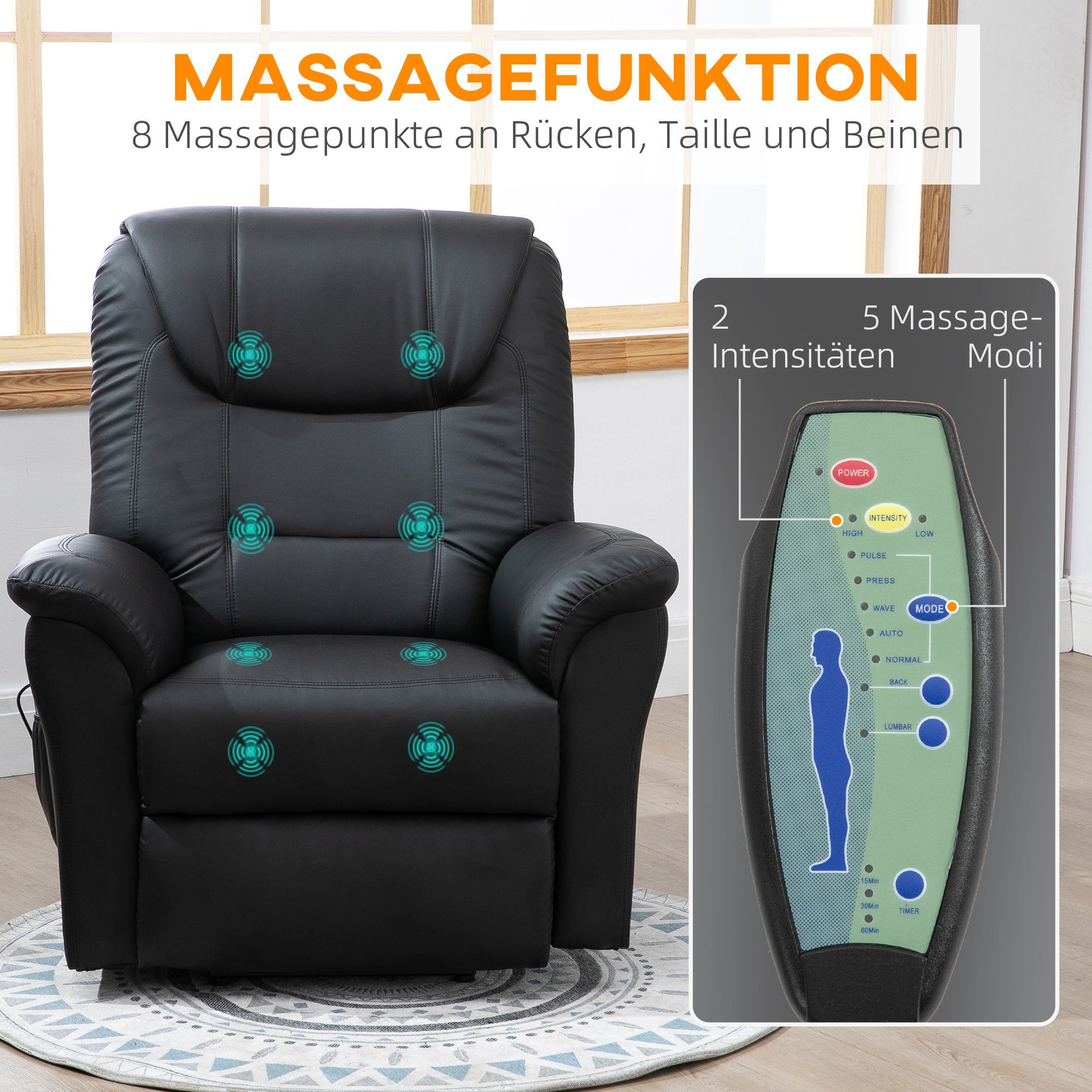 Aufstehhilfe Fernsehsessel), HOMCOM mit Massagesessel kg bis Schwarz 150 Sessel 1-St., belastbar (Relaxsessel,