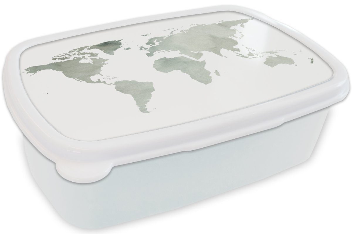 Kinder Brotbox für weiß Brotdose, Erwachsene, und Lunchbox Mädchen - Jungs (2-tlg), MuchoWow Kunststoff, Aquarell, und Grau - für Weltkarte