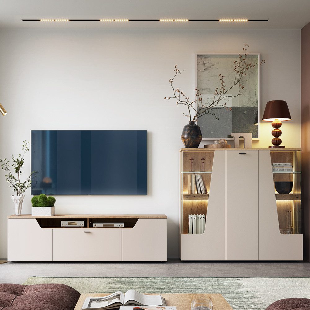 Lomadox Wohnwand CARMONA-129, (2-St., Highboard Lowboard), in Kaschmir und Eiche, inkl. LED-Beleuchtung
