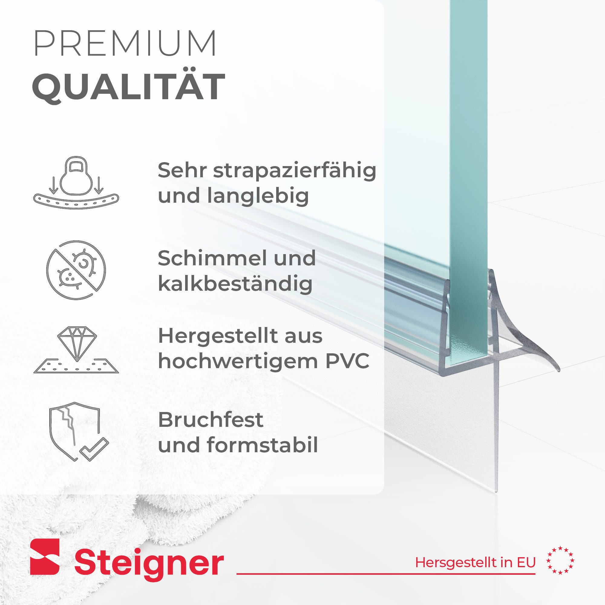 STEIGNER Duschdichtung Duschtürdichtung gerade 30cm UK09 (1 Stk) Transparent 6-8 mm, L: 30 cm, (1 Stück Packung, Einzeldichtung), Dichtung für Eckdusche, Nische – Bild 4 von 5